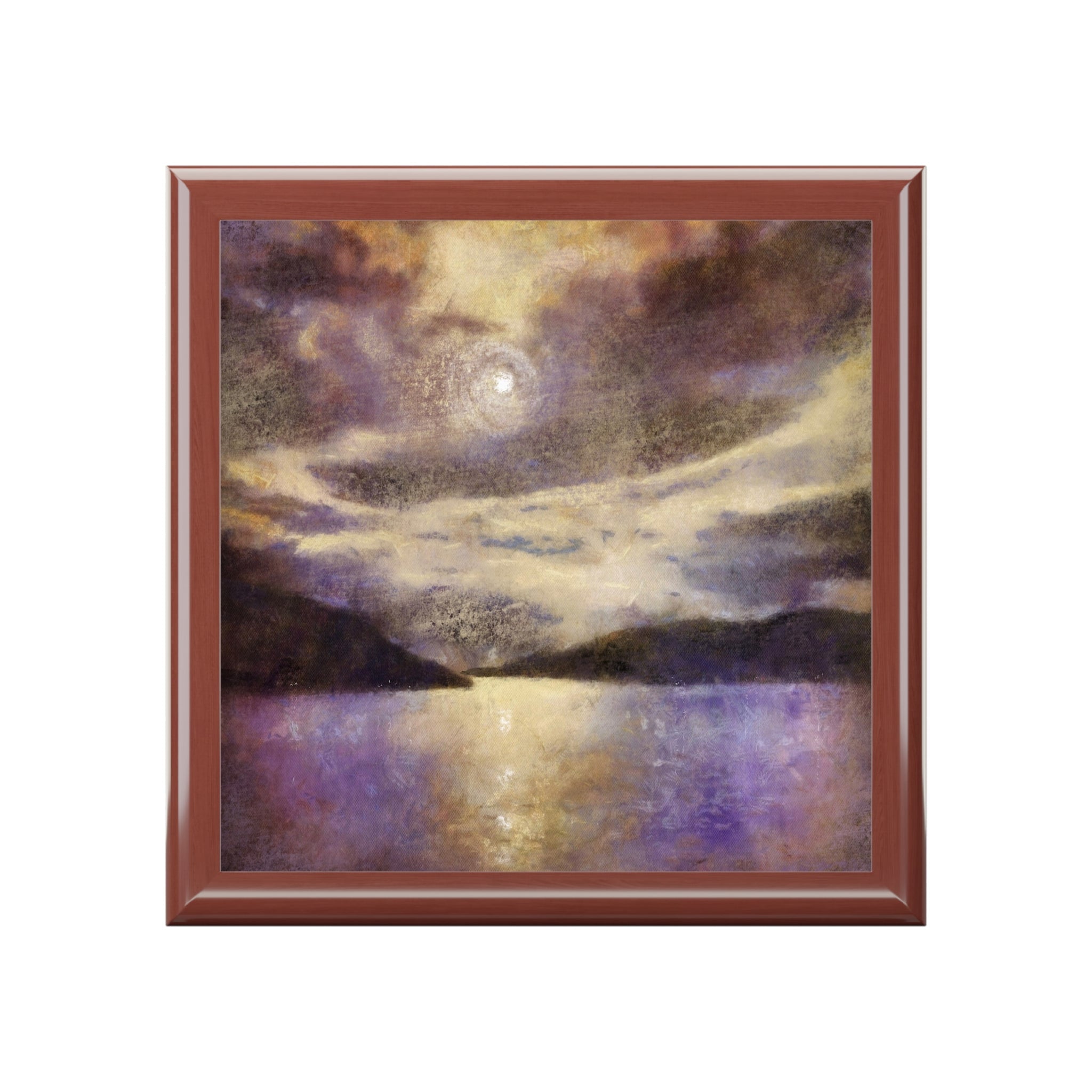 Framed moonlit lake scene painting on Scotland art jewellery box Moonlight Meets Lewis & Harris