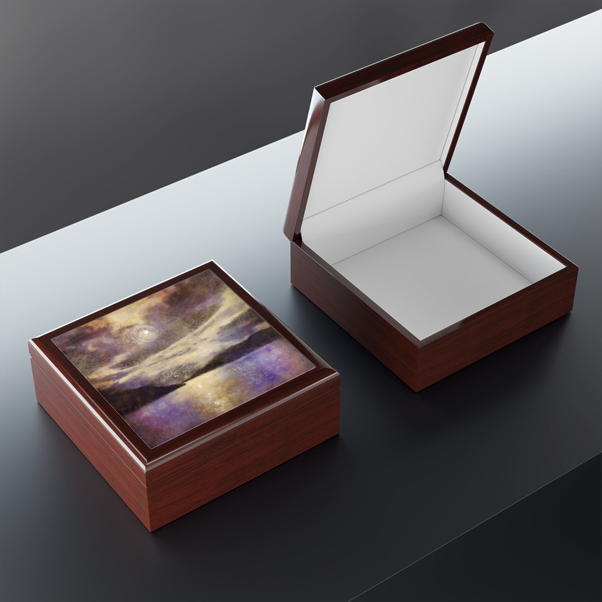 Wooden keepsake boxes with abstract art lid and white interior lining in Scotland