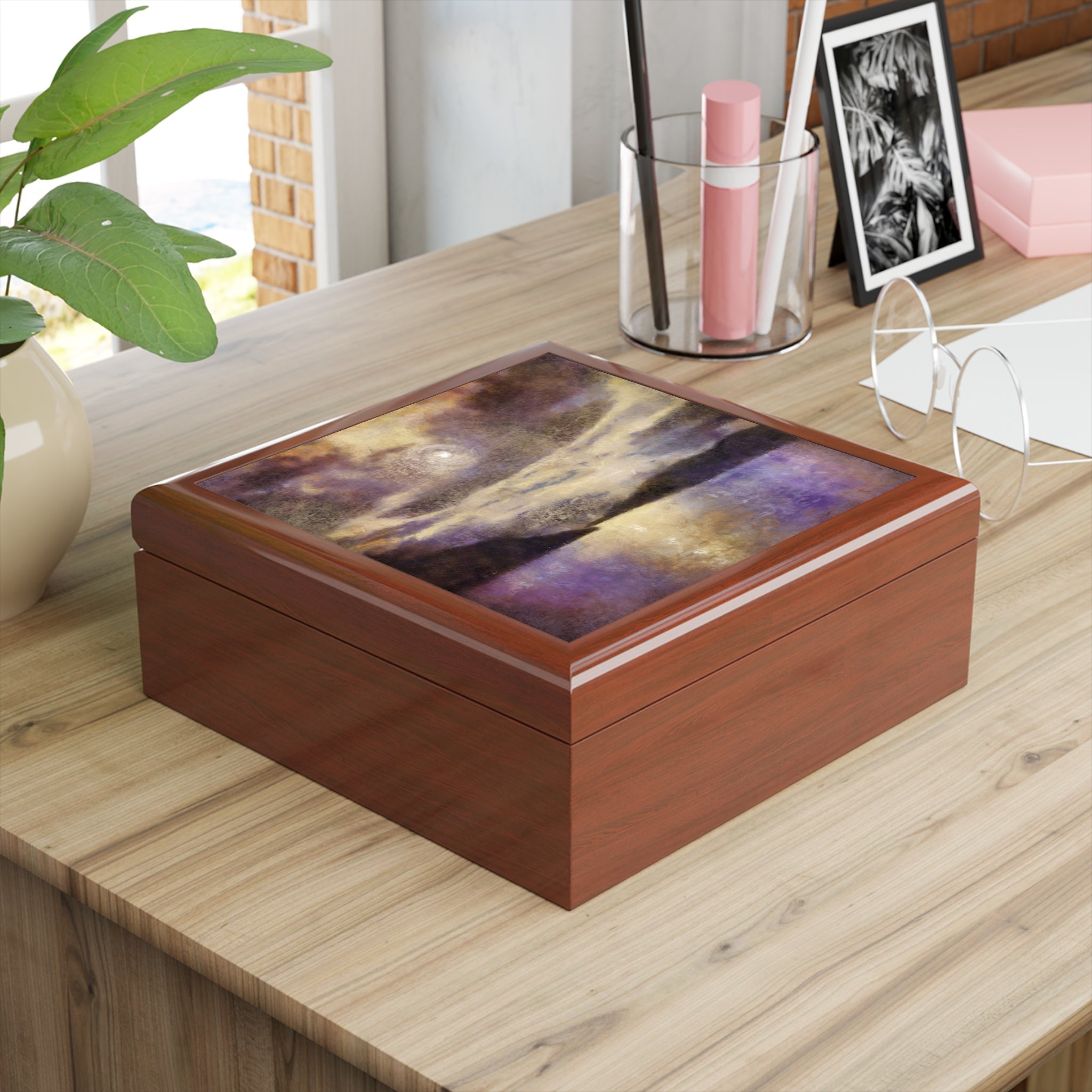 Rectangular wooden keepsake box with vibrant abstract art lid from Moonlight Meets Lewis & Harris Scotland
