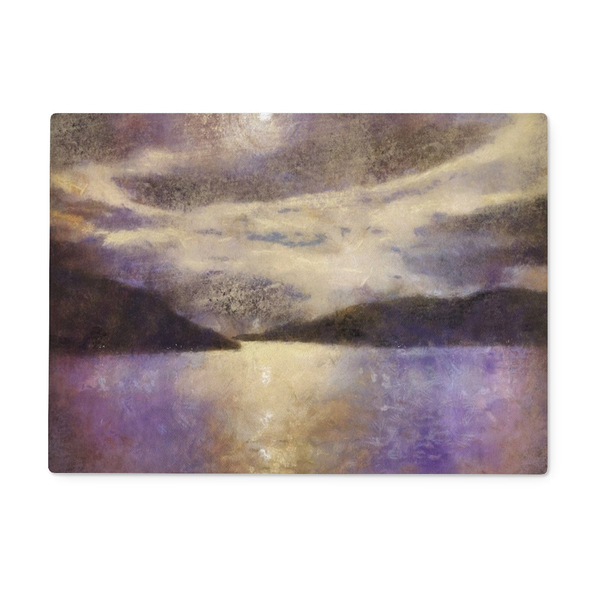 Abstract purple white cloud painting on Moonlight Meets Lewis & Harris glass chopping board