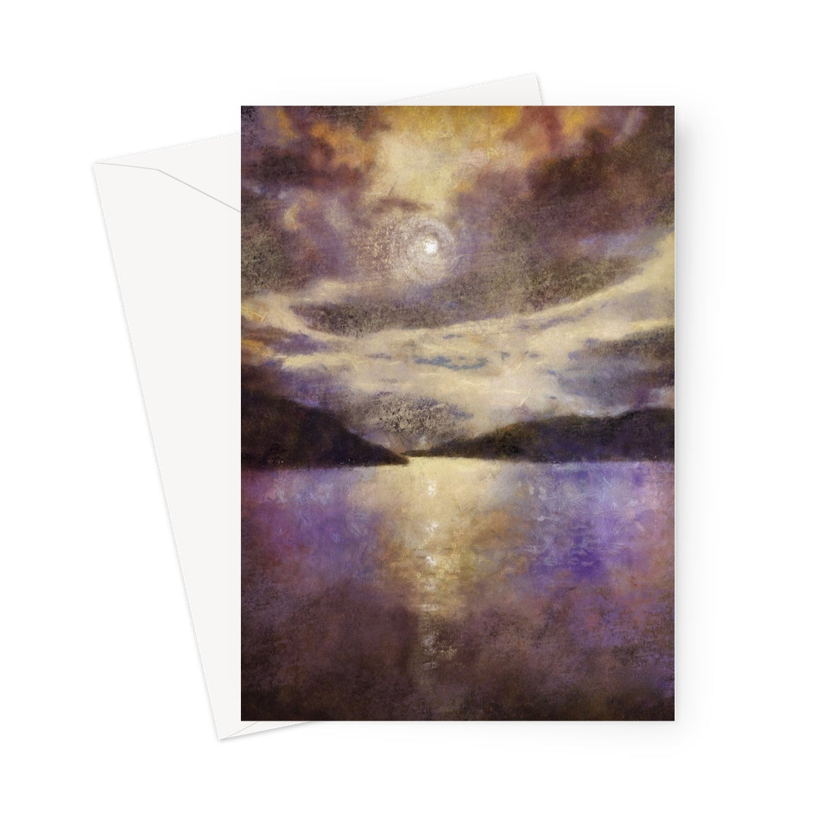 Moonlit lake greeting card in purple gold watercolor, Moonlight Meets Lewis & Harris