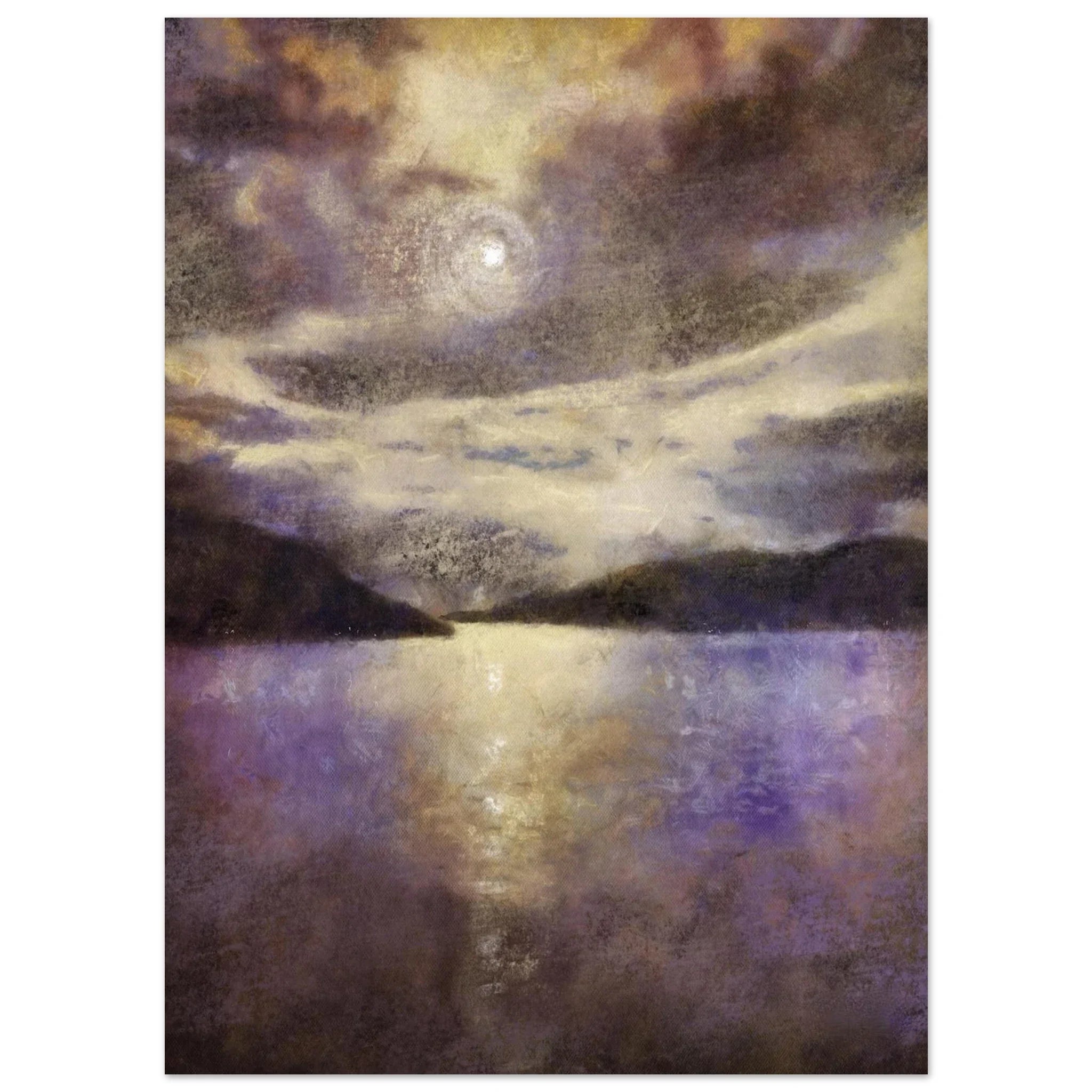 Moody moonlit lake in Lewis & Harris, Scotland, with silhouetted hills under swirling purple, gray, and gold sky