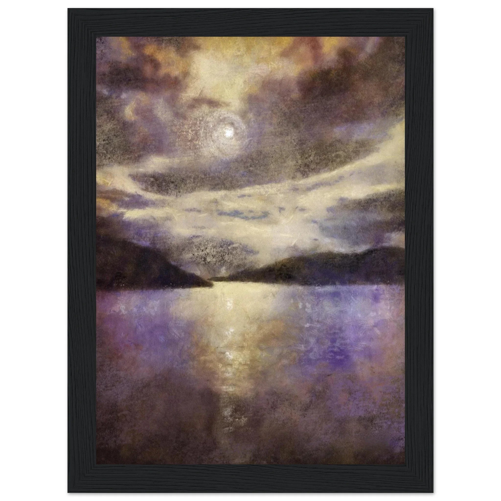 Framed Moonlight Meets Lewis & Harris painting of serene moonlit lake with swirling purples, golds, grays