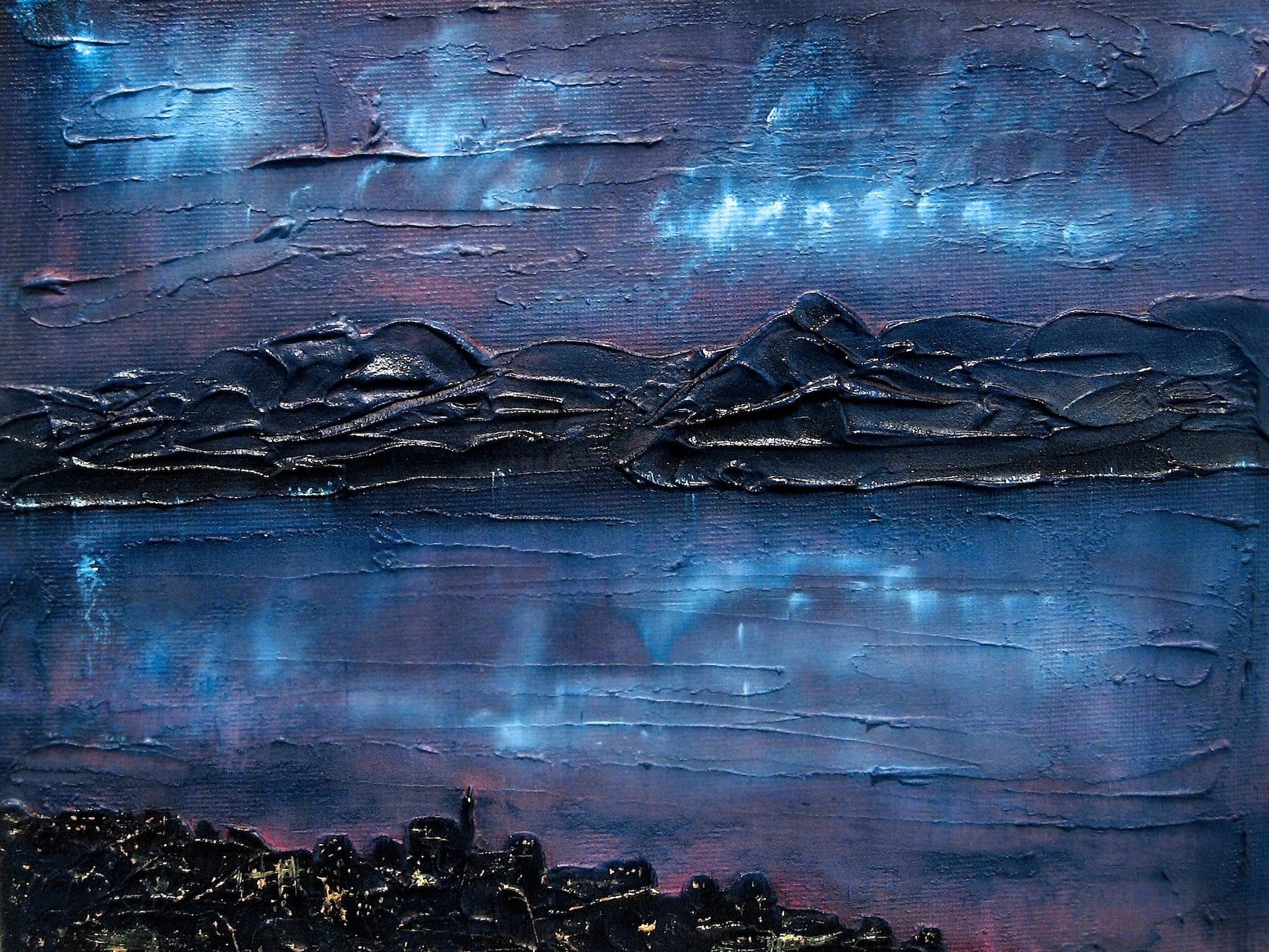 Textured nighttime landscape painting featuring mountains and water for Moonlight Over Gourock