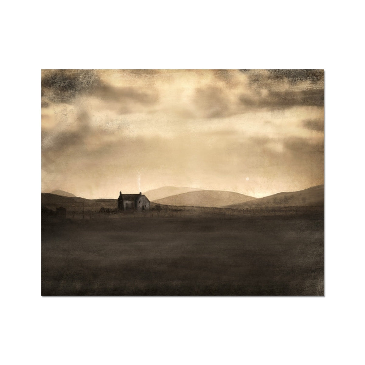 Sepia-toned rustic barn with weathered planks in Moonlit Croft print