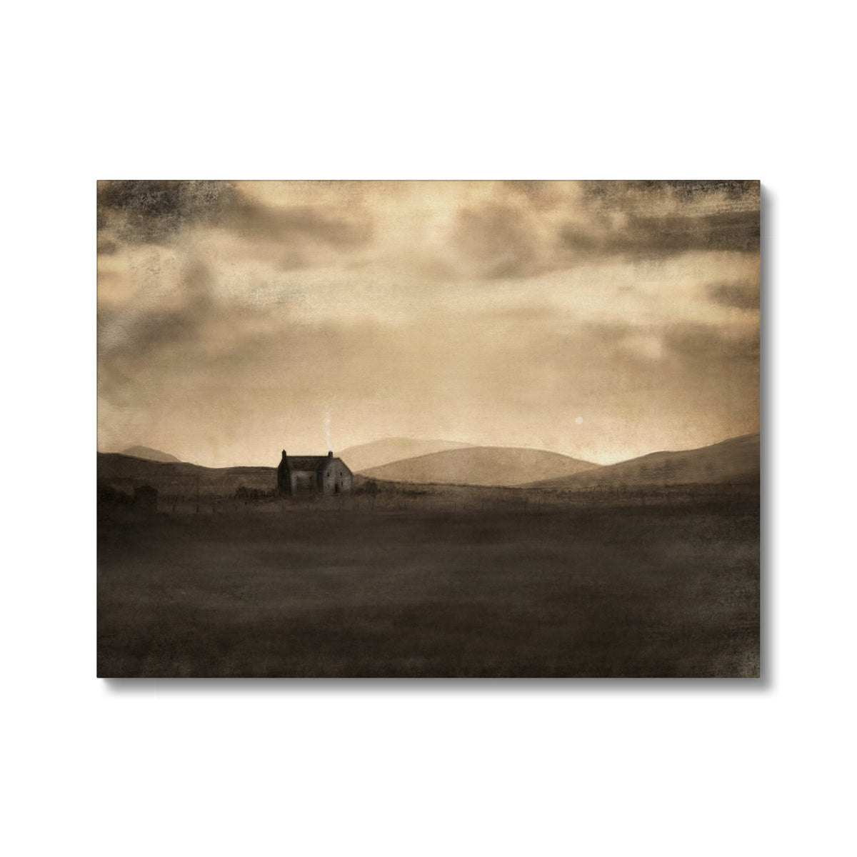 Sepia-toned rustic barn in moonlit croft canvas print