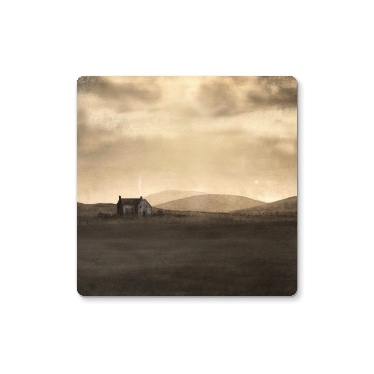 Brown wooden A Moonlit Croft Coaster with mountain and cloud landscape
