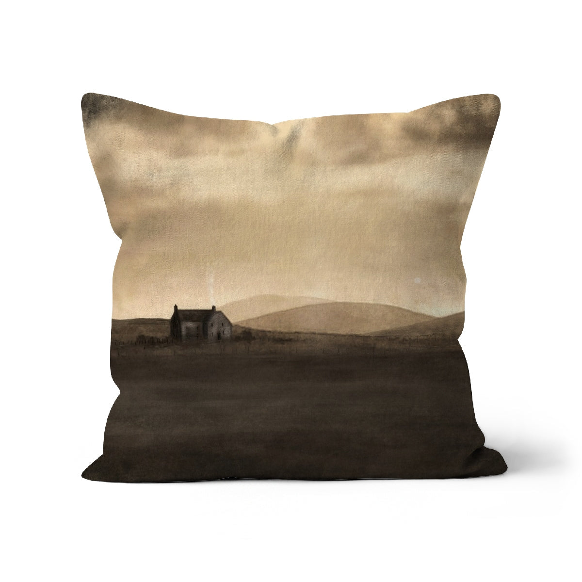 Moonlit Croft brown cushion with mountain and cloud landscape design