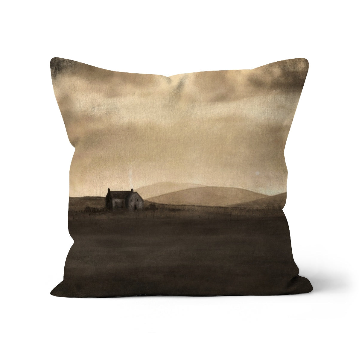 Moonlit Croft brown cushion with muted landscape of house and mountains