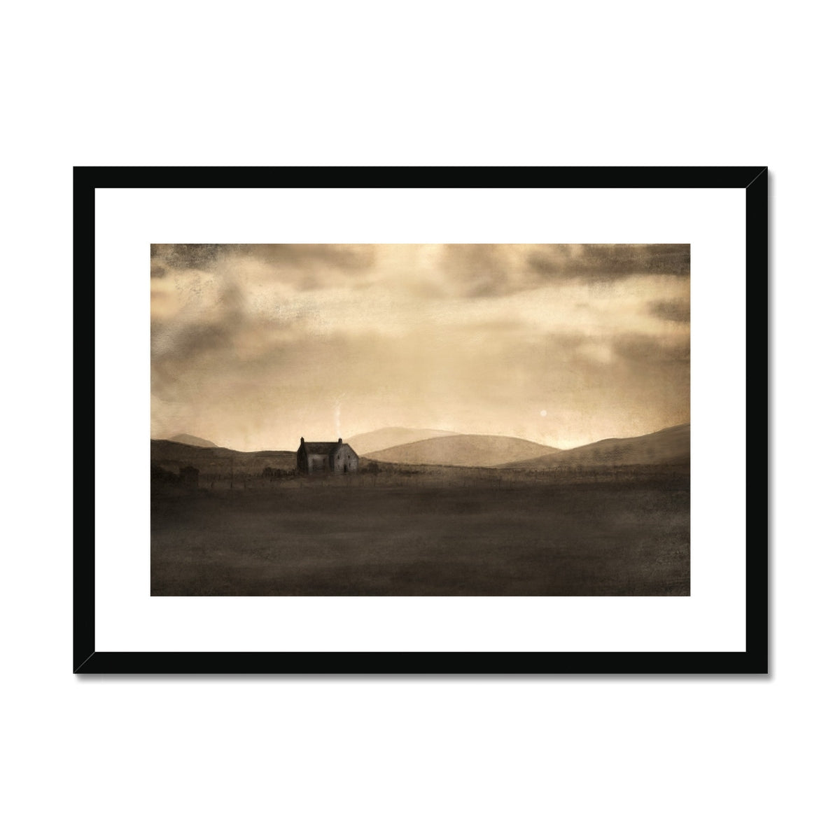 Sepia-toned black framed house canvas print with mountain landscape, A Moonlit Croft Art Prints