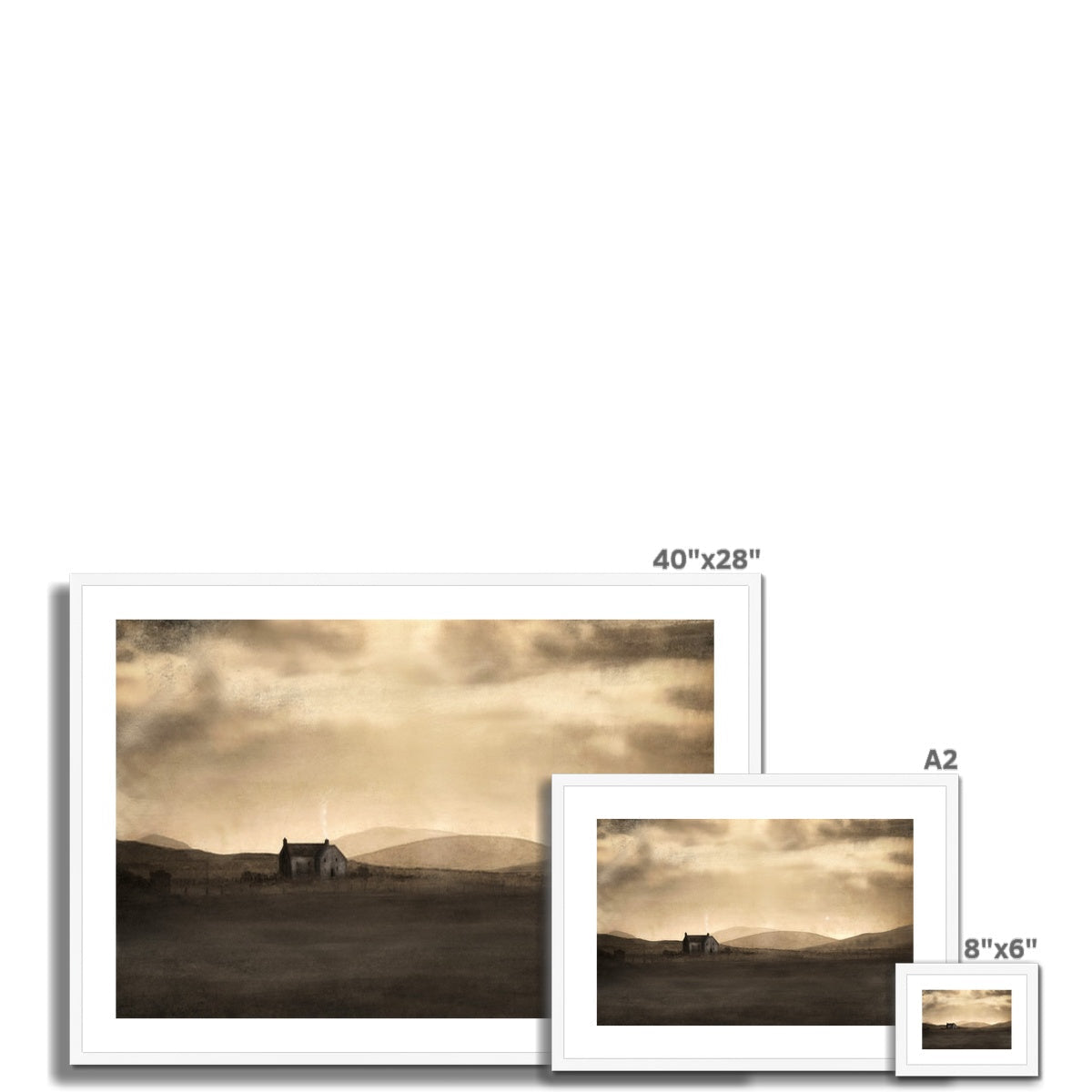 40x28 inch sepia-toned moonlit croft landscape print in white frame