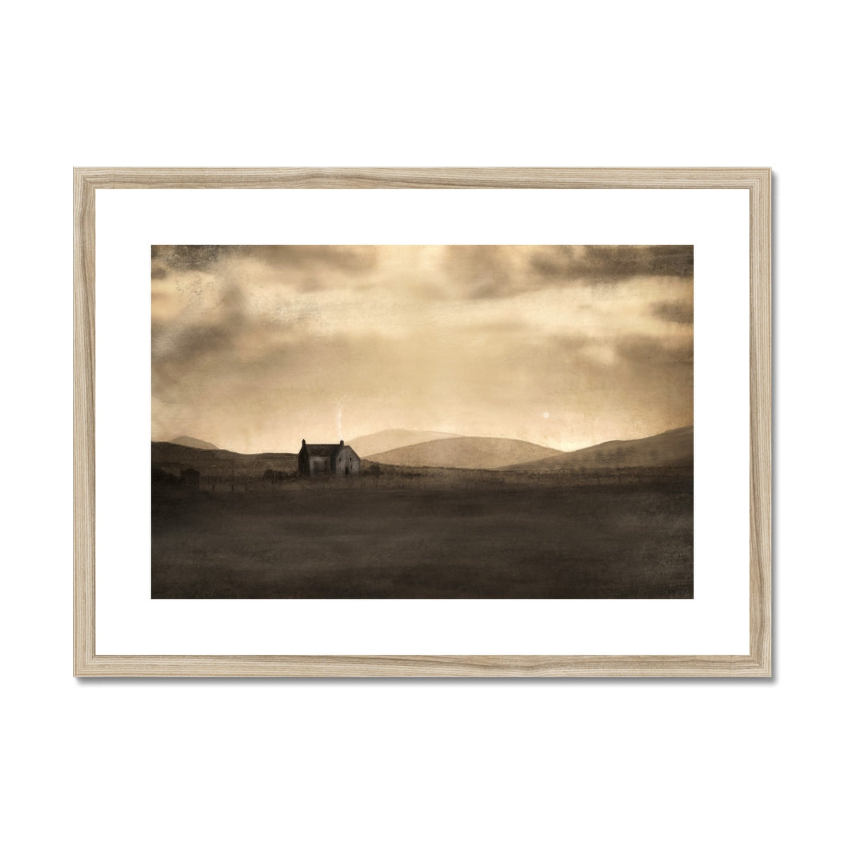 Sepia-toned A Moonlit Croft print in wooden frame with rustic house and hills