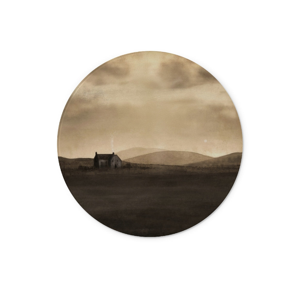 Brown wooden house sticker on sepia landscape for Moonlit Croft chopping board