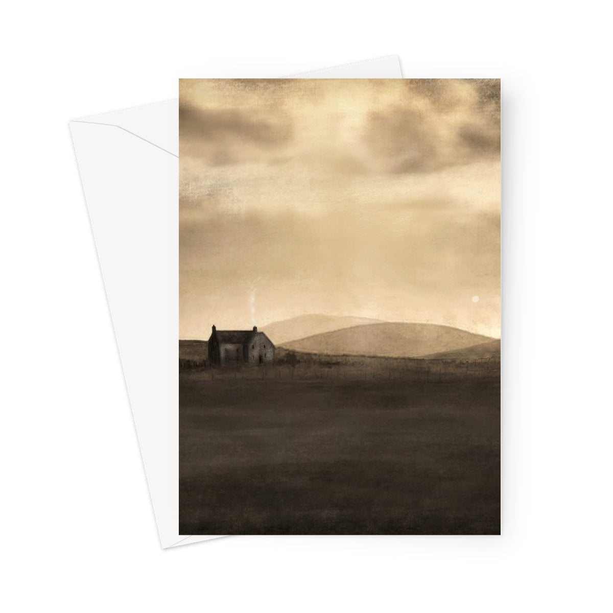 Sepia-toned house card with distant mountain silhouette in A Moonlit Croft Greeting Card