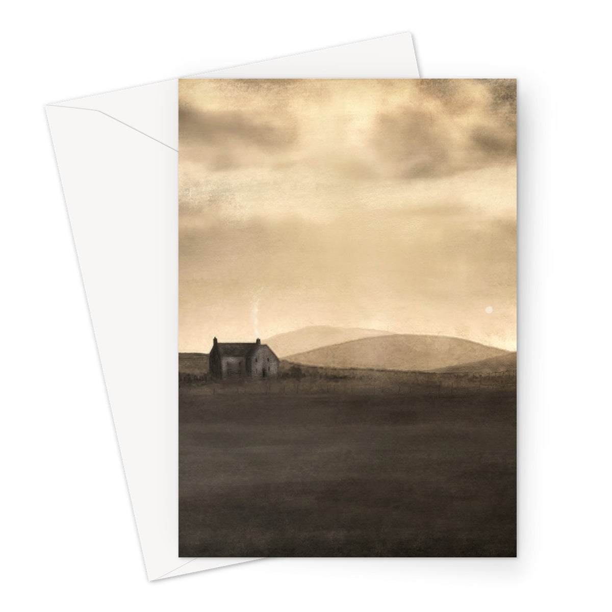 Beige house greeting card with sepia-toned moonlit croft landscape