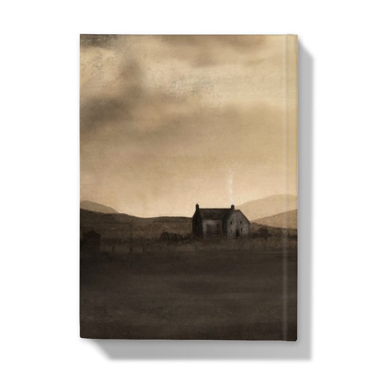 Brown house canvas art print on Moonlit Croft journal with dramatic sky and mountains