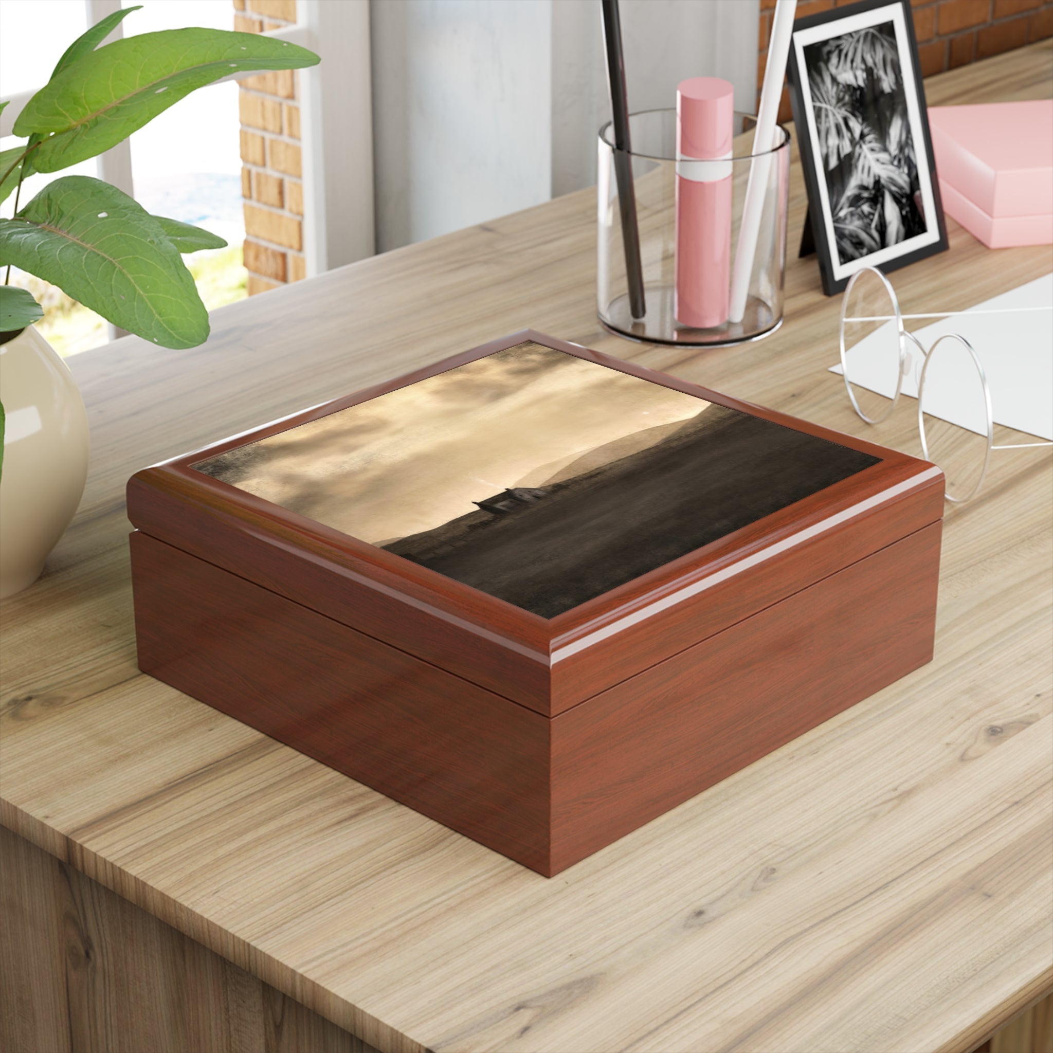 A Moonlit Croft dark brown wooden jewelry box with mirrored lid