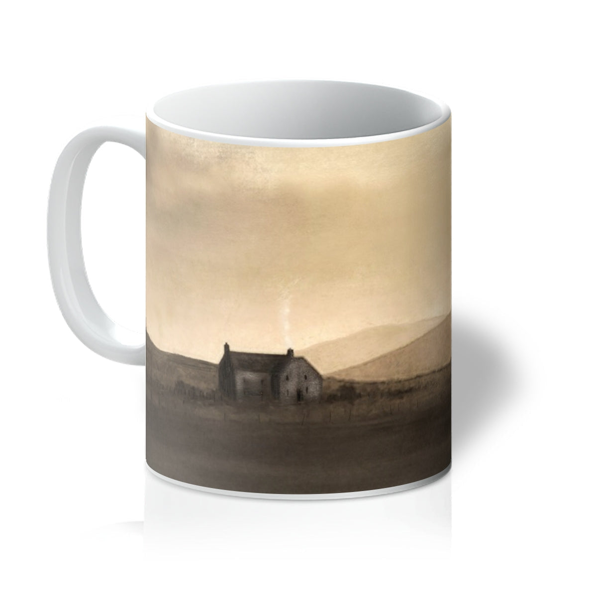 Moonlit Croft ceramic mug with muted earth tone landscape and hazy sky