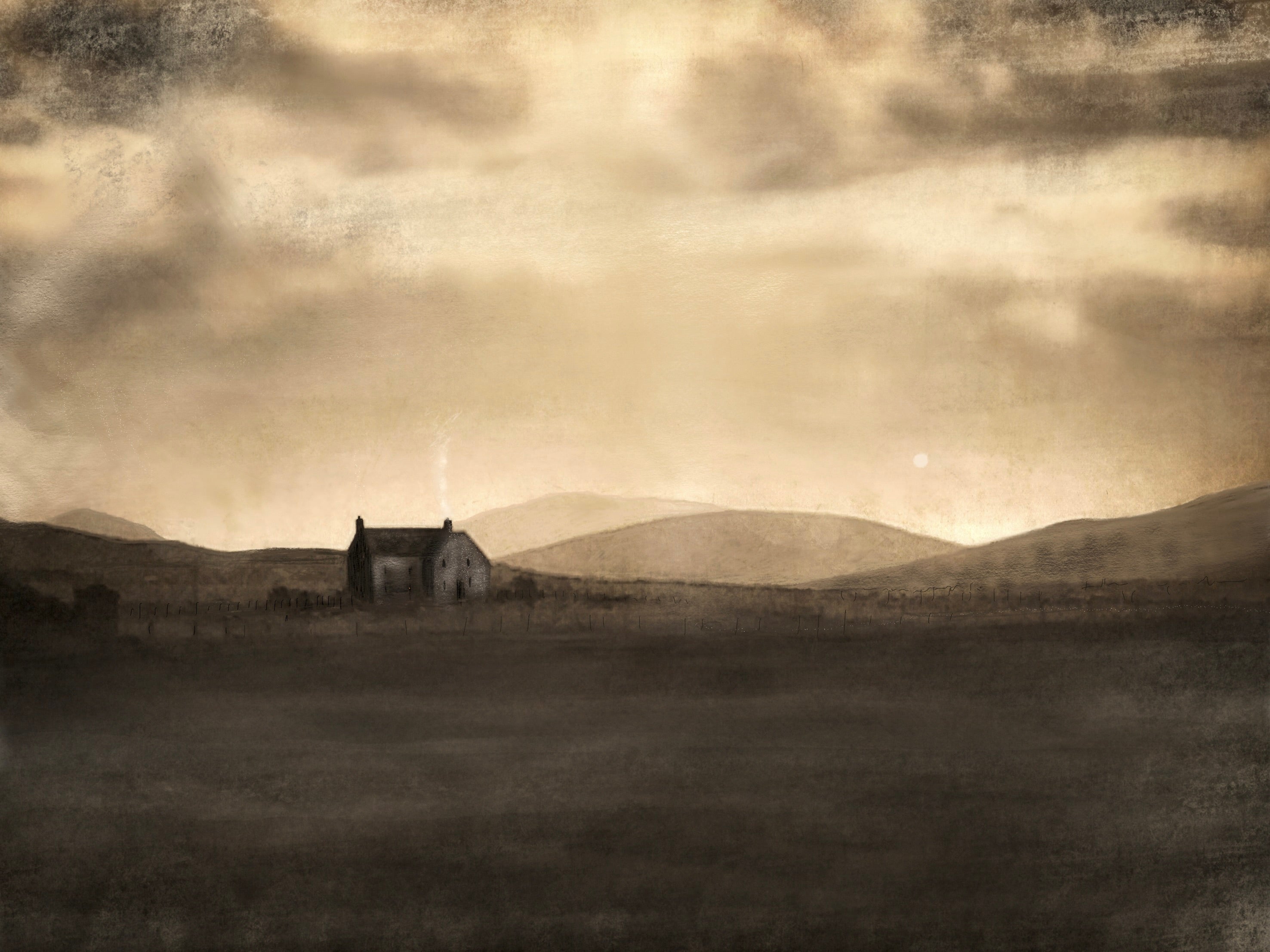 Secluded rural cottage depicted in A Moonlit Croft Original Painting