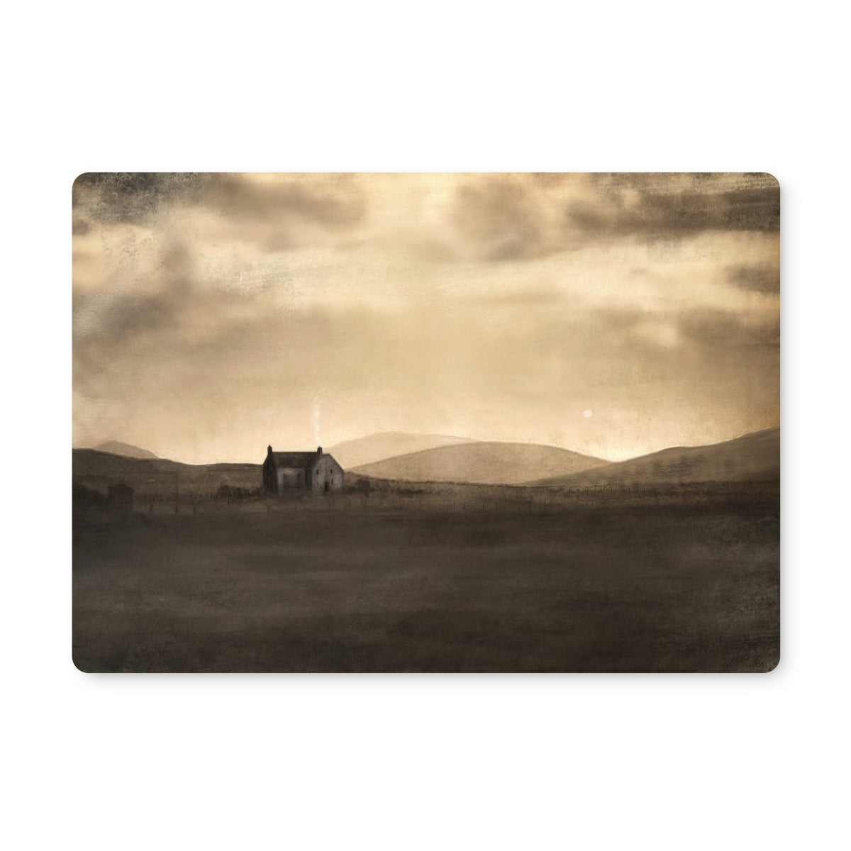 Moonlit croft placemat with brown wooden house and chimney under dark clouds