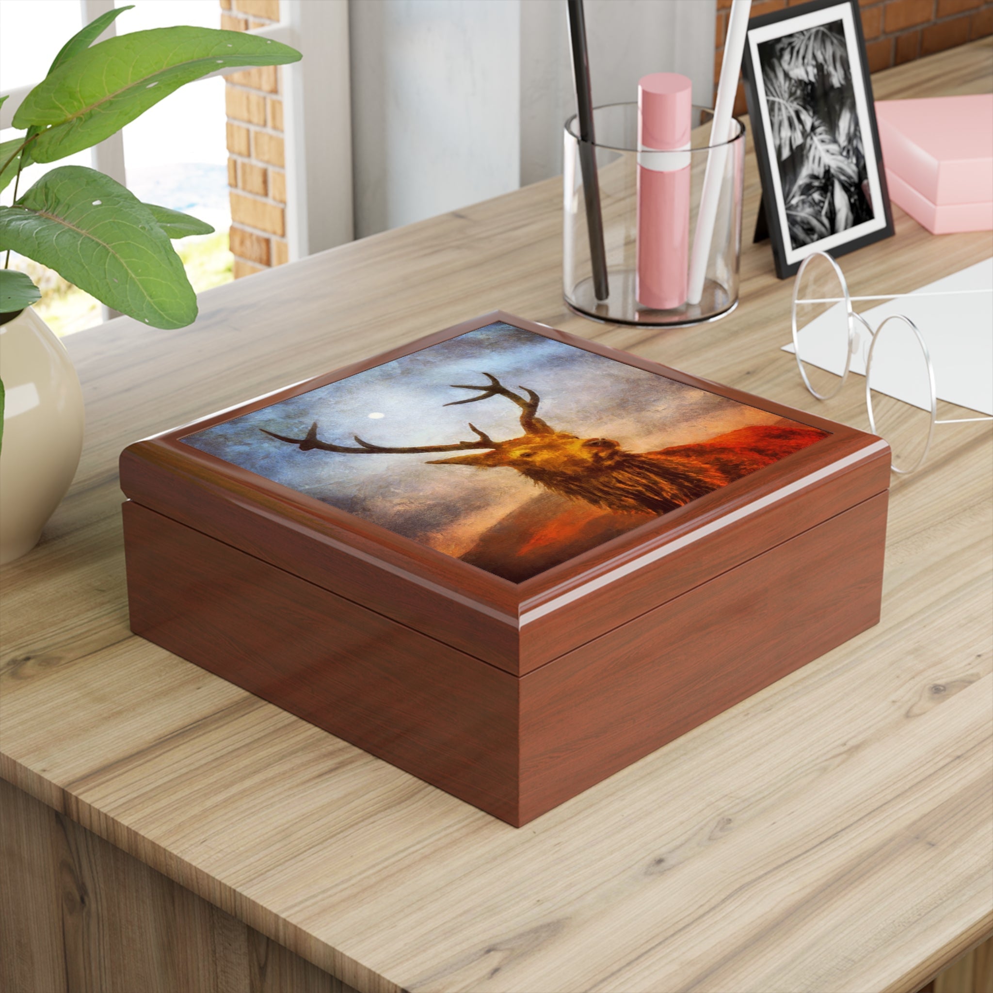 Glossy wooden keepsake box with vibrant Highland stag art print lid in Scotland