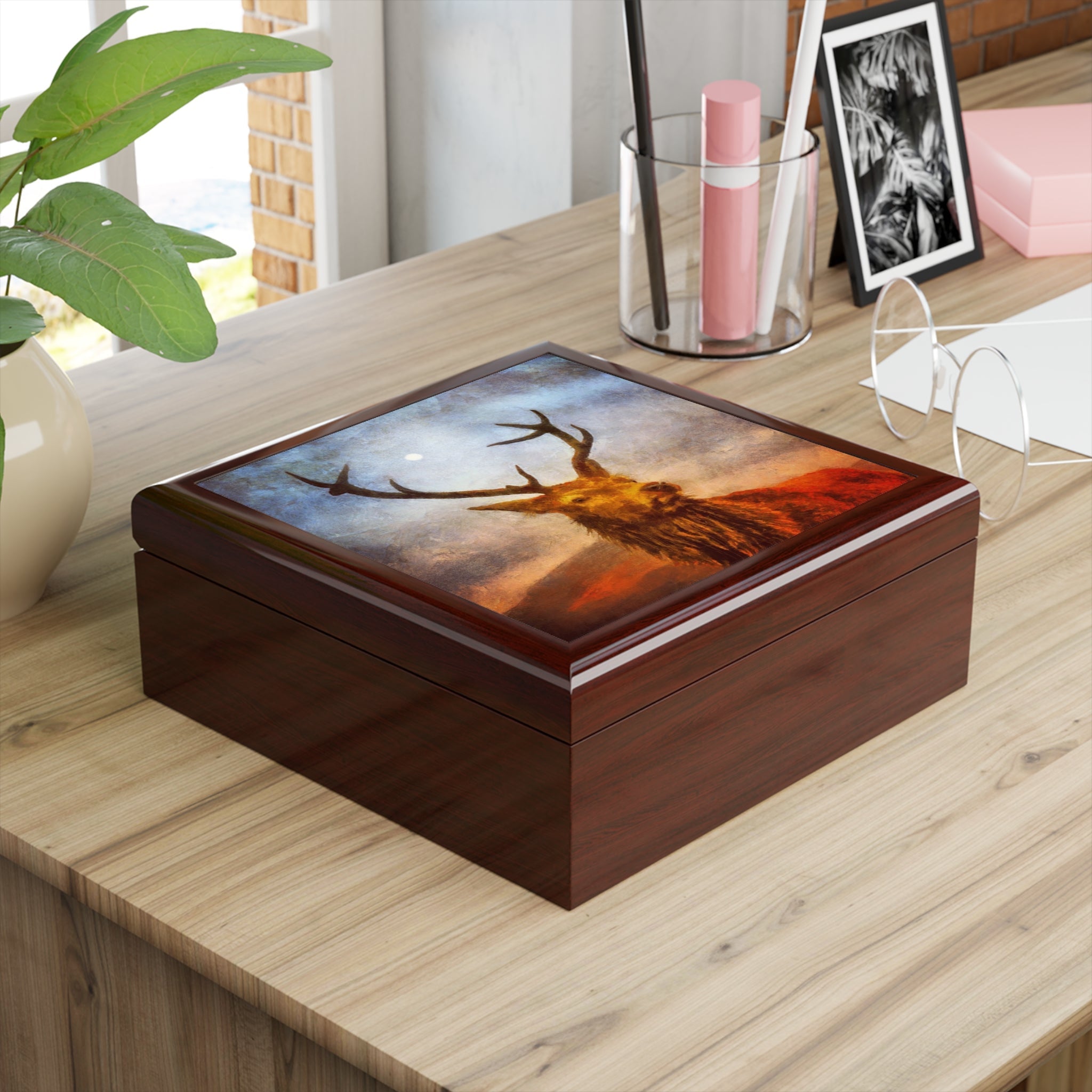 Cherry wood keepsake box with vibrant deer painting on lid from A Moonlit Highland Stag collection