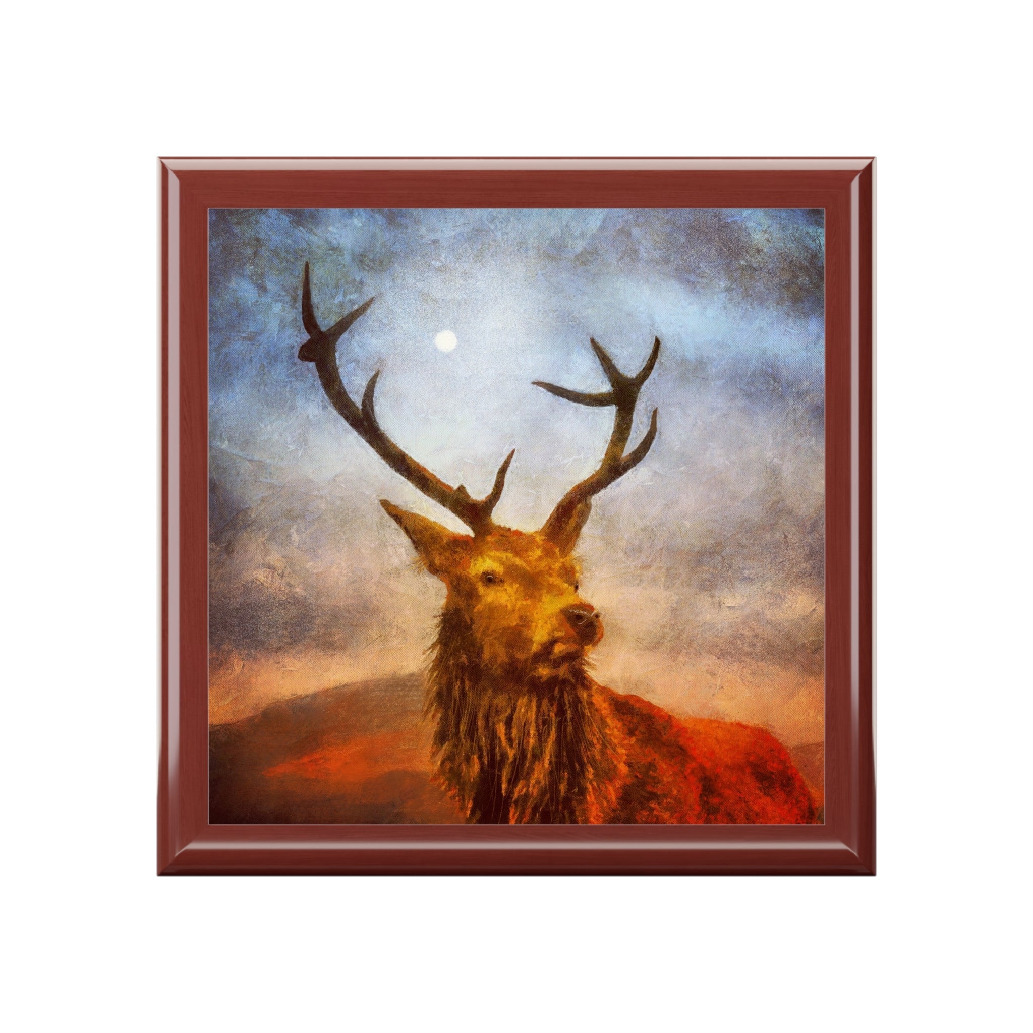 Framed painting of a stag with antlers under a moonlit sky in Scotland art jewellery box