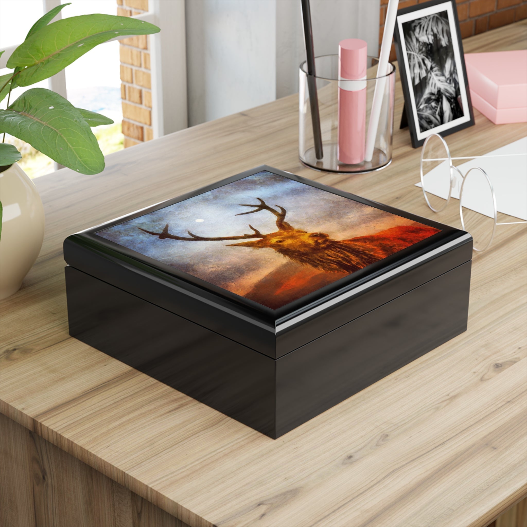 Black wooden keepsake box with vibrant Highland stag painting on lid for Scotland art jewelry storage