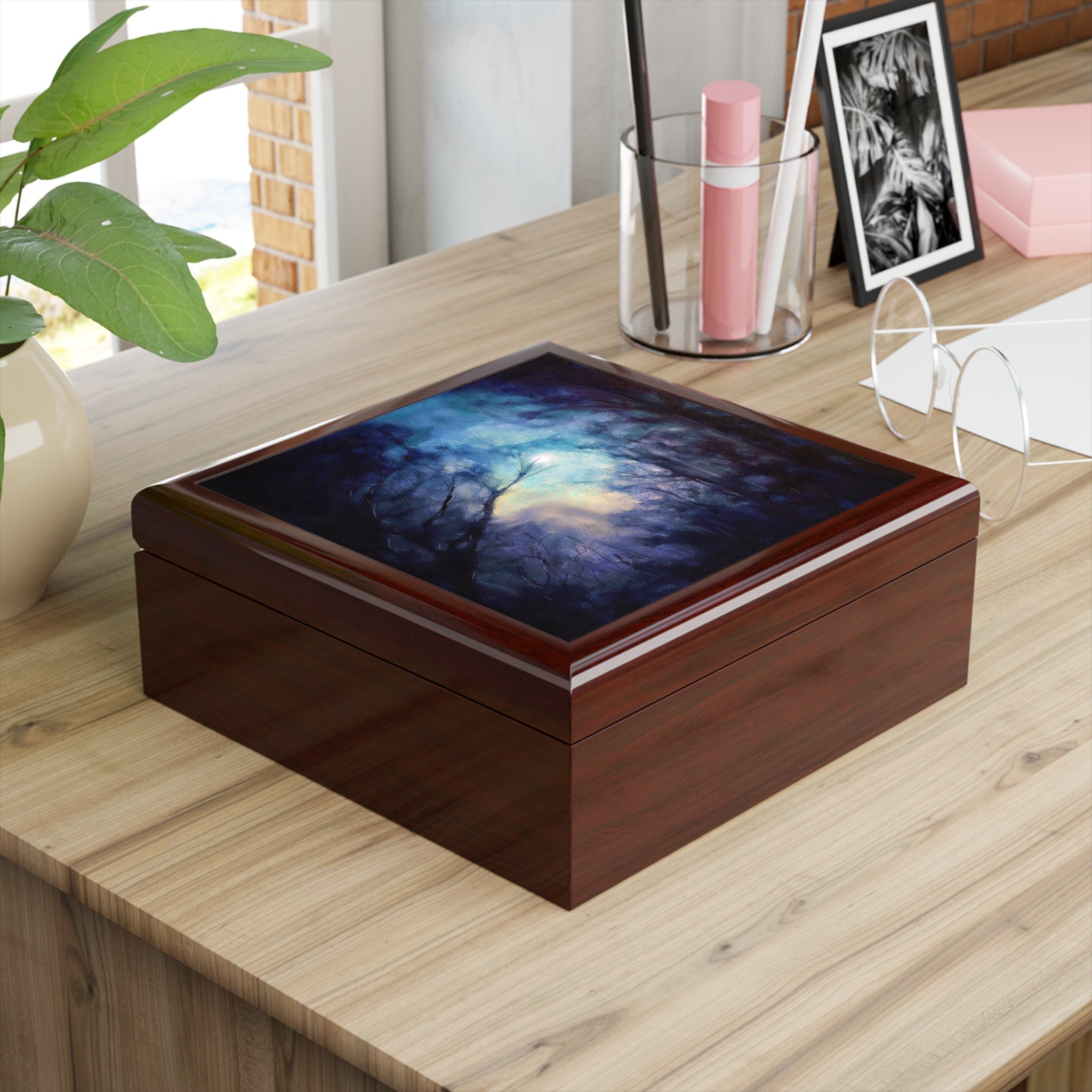 Dark brown Highland wooden keepsake box with mystical tree and moonlit sky design