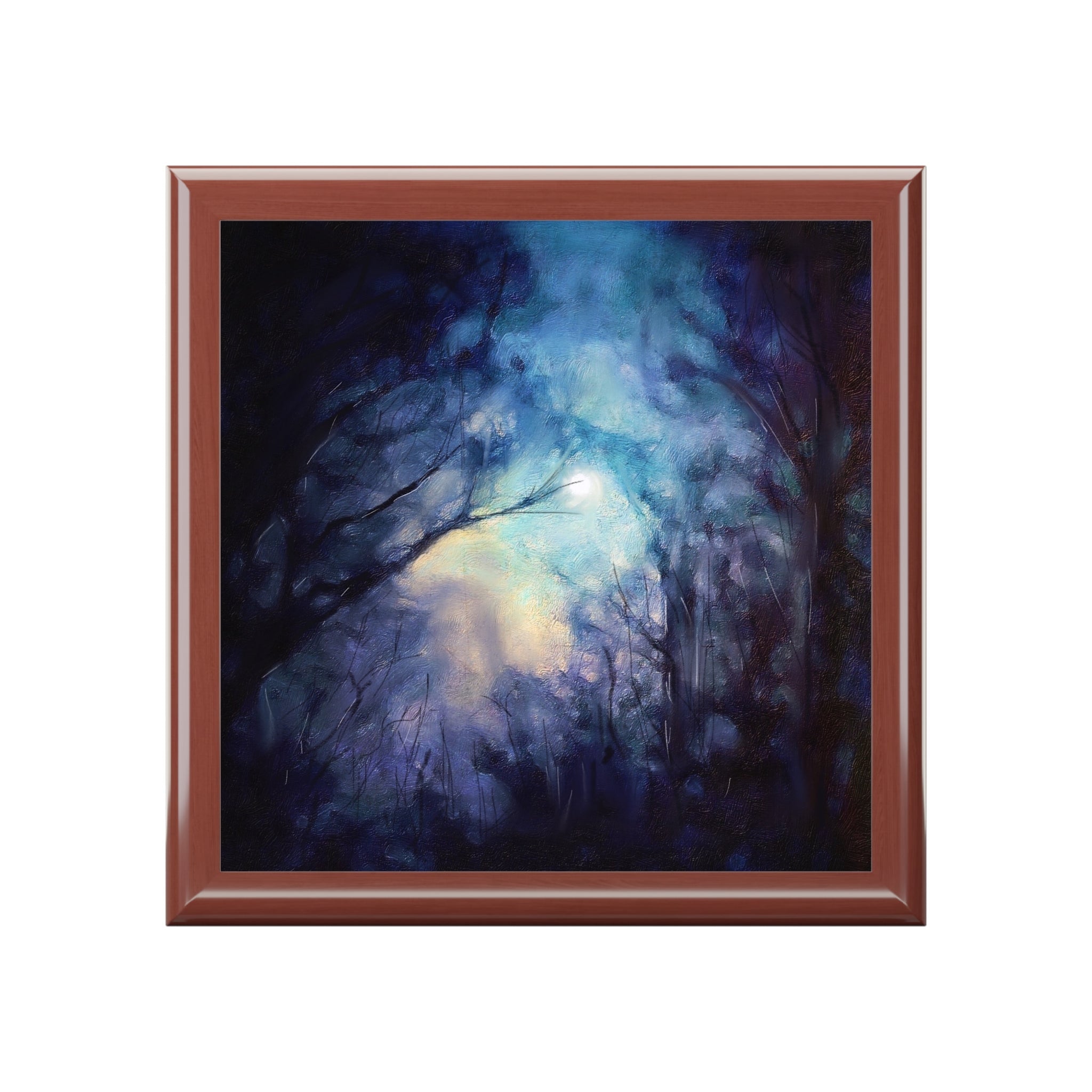 Framed painting of a mysterious Scottish forest at night with bright ethereal light