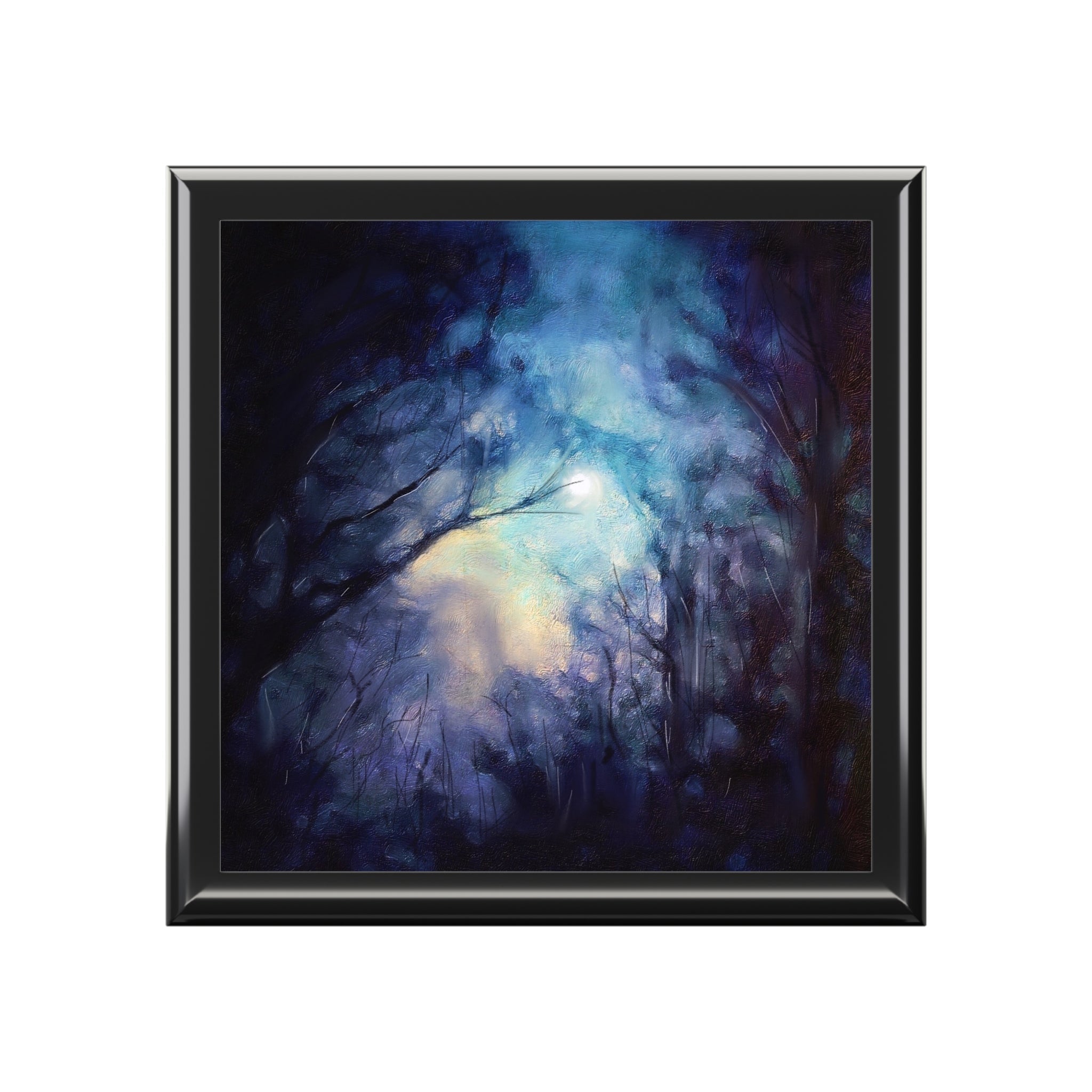 Framed square painting of a dark mystical Scottish forest with glowing ethereal light