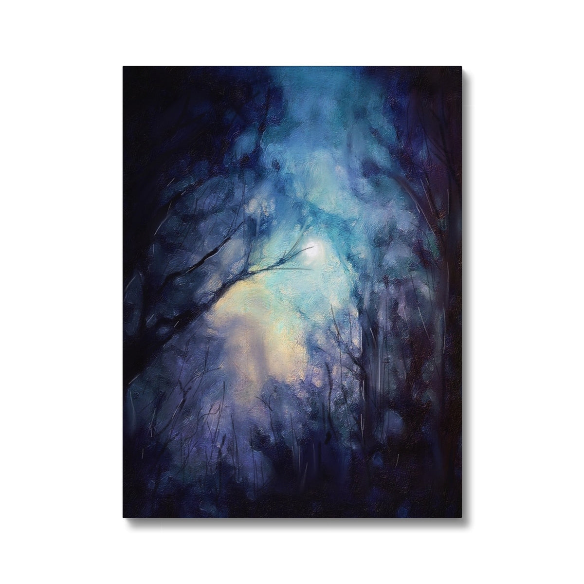 Moonlit Highland Wood Canvas Print with Glowing Moon in Dark Forest