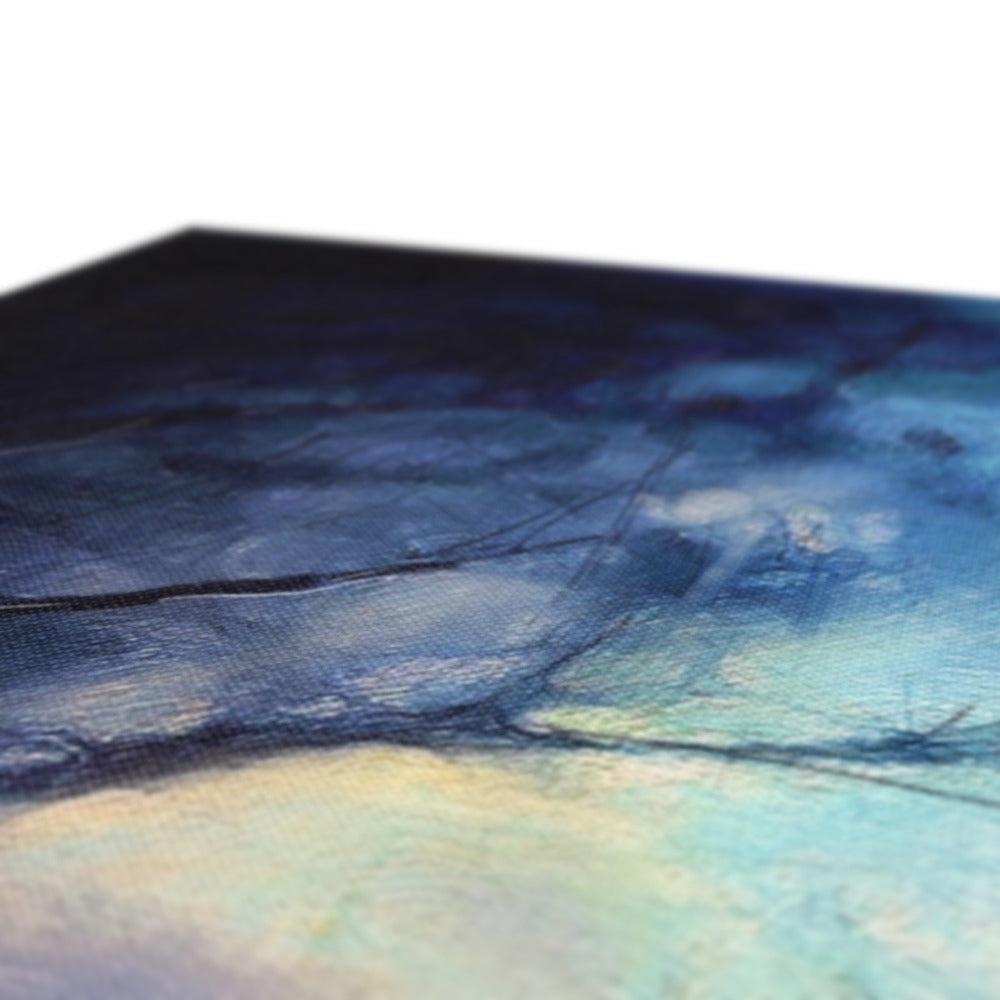 Blue abstract moonlit highland wood canvas with textured brushstrokes