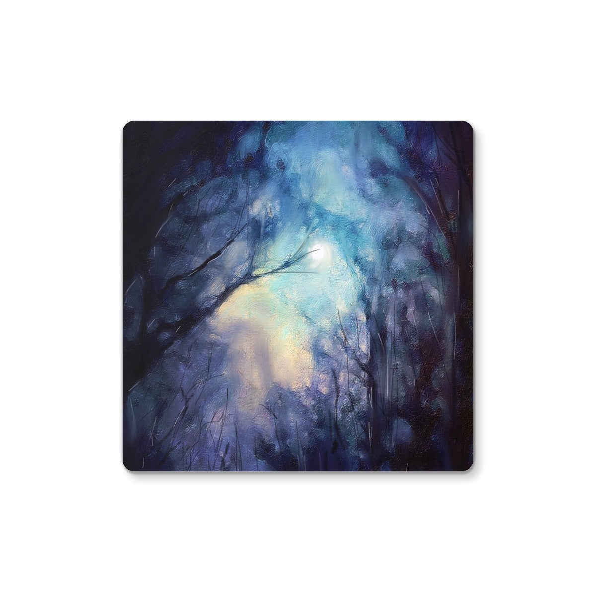 Blue moonlight forest on Moonlit Highland Wood Coaster