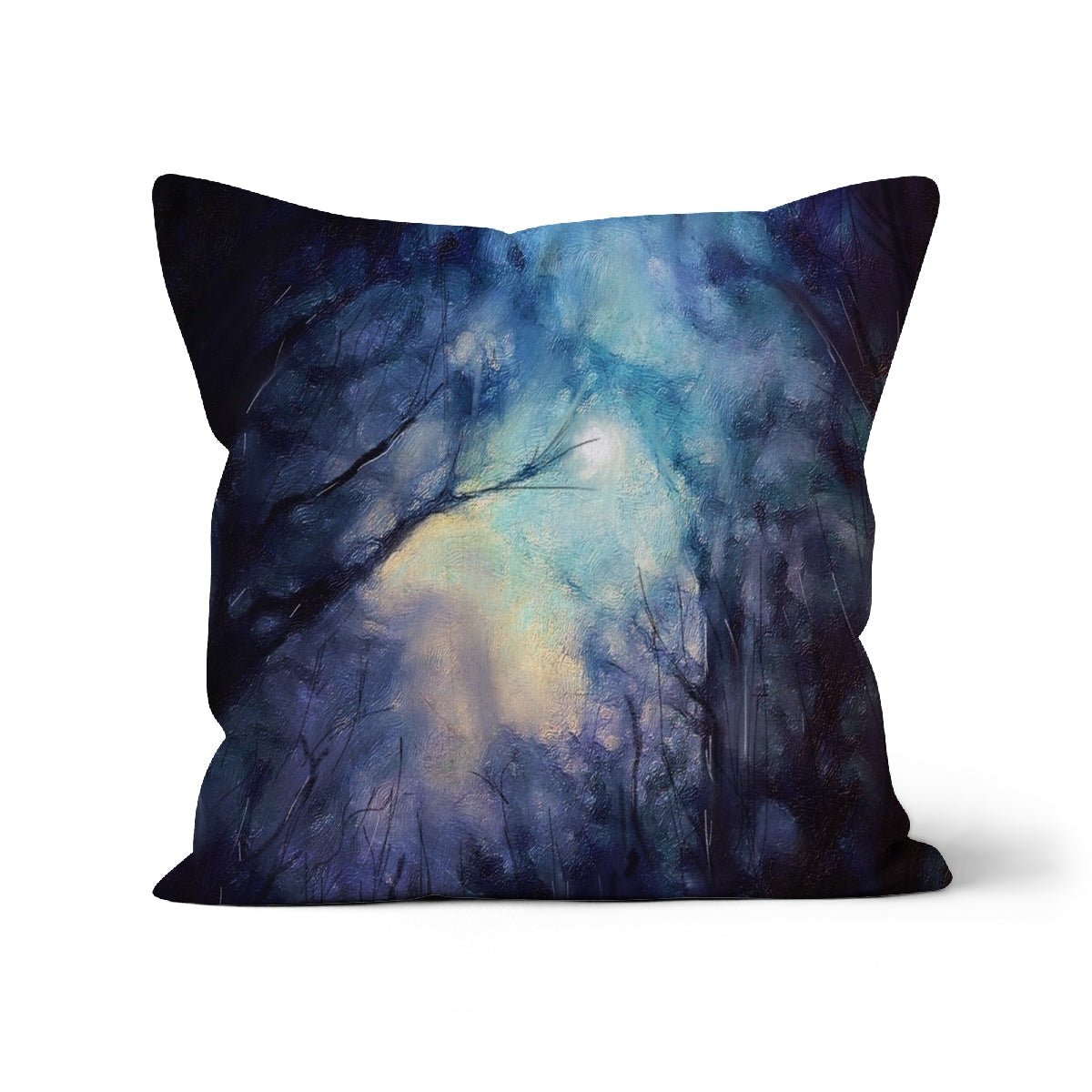 Blue forest scene throw pillow in A Moonlit Highland Wood Cushion