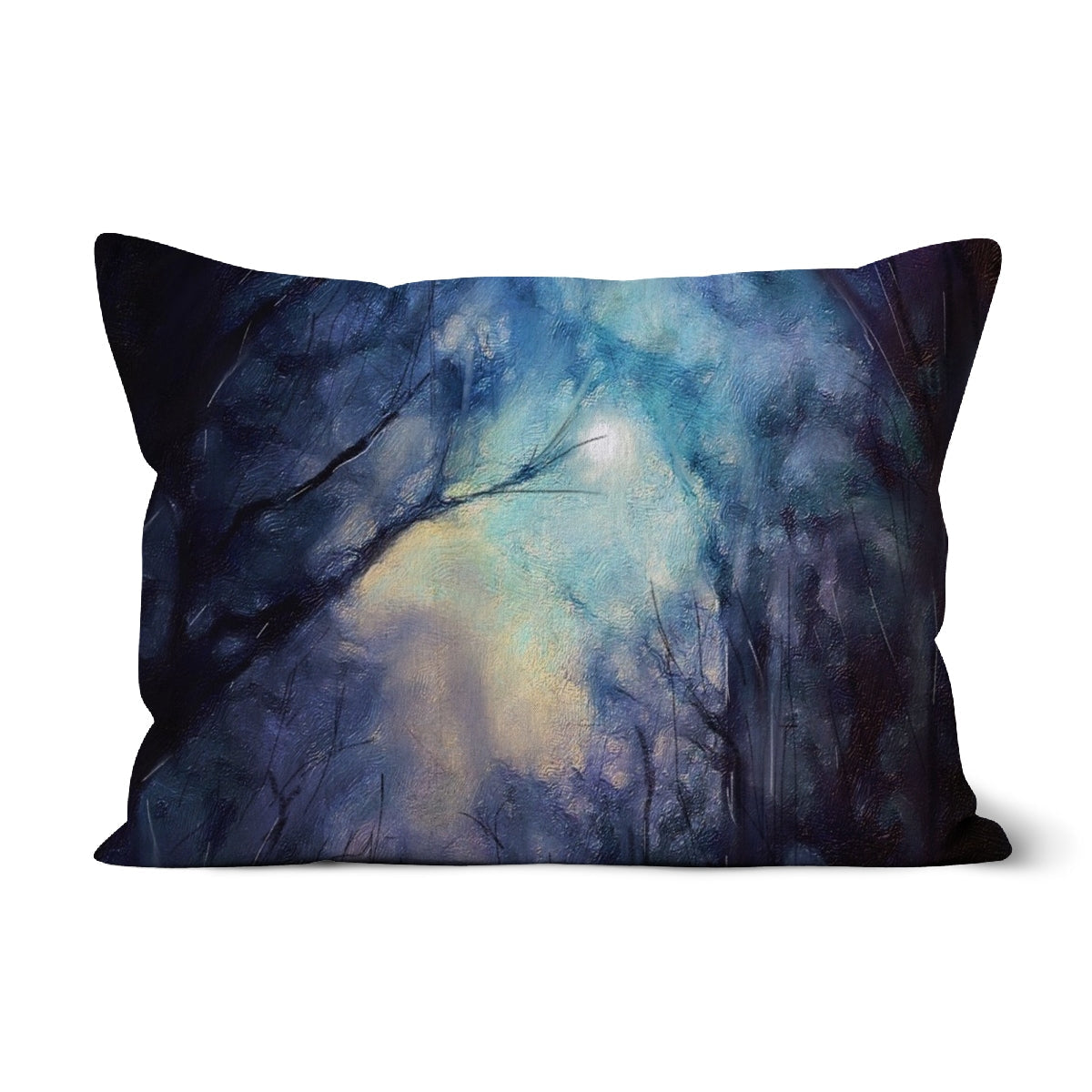 Dark blue A Moonlit Highland Wood Cushion with abstract forest design