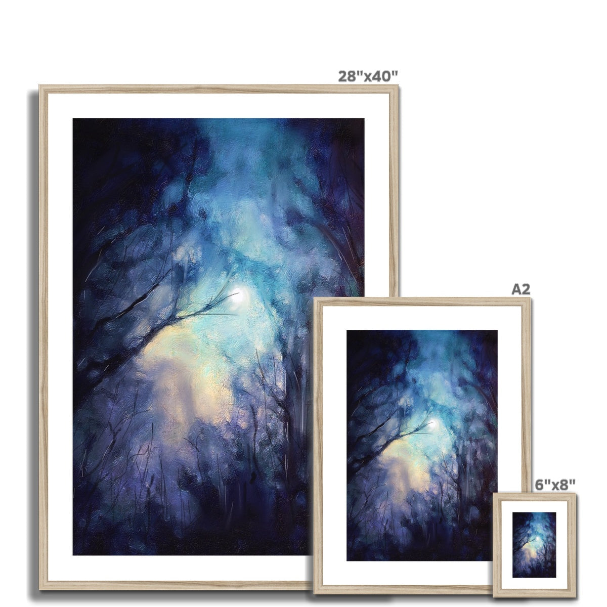 28x40 Framed Moonlit Highland Wood Art Print in Blue Purple Hues