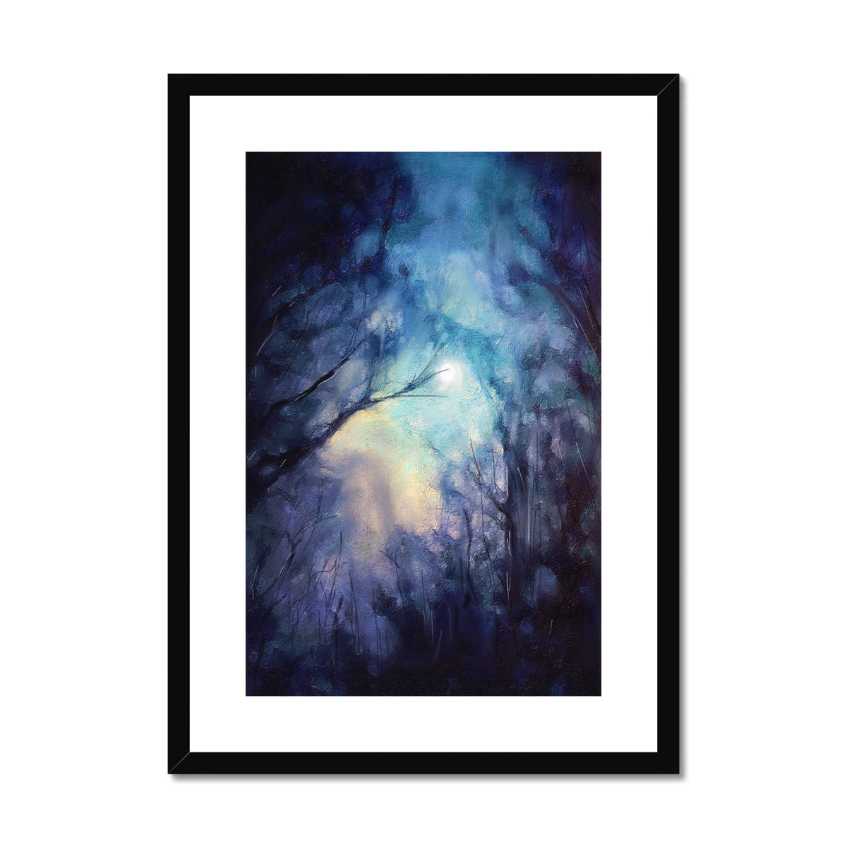 Blue and white abstract tree in black frame, Moonlit Highland Wood print