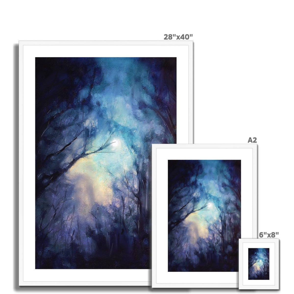 28x40 Framed Moonlit Highland Wood Art Print in Blue Purple Hues