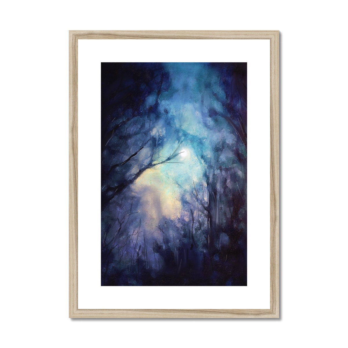 Moonlit Highland Wood Art Print: Blue-Purple Forest Scene