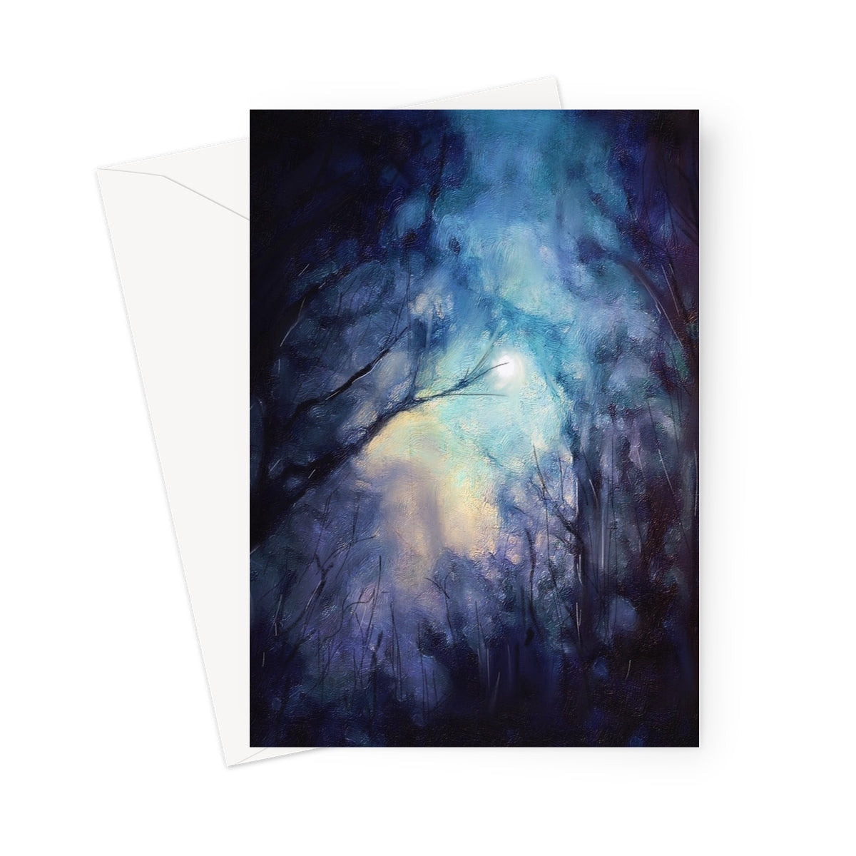 Blue and purple abstract forest greeting card with glowing moon