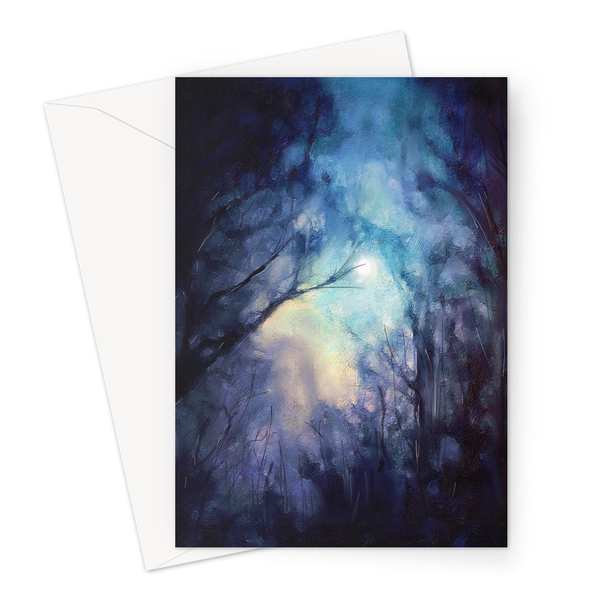 Blue Moonlit Highland Wood Greeting Card with Glowing Sky