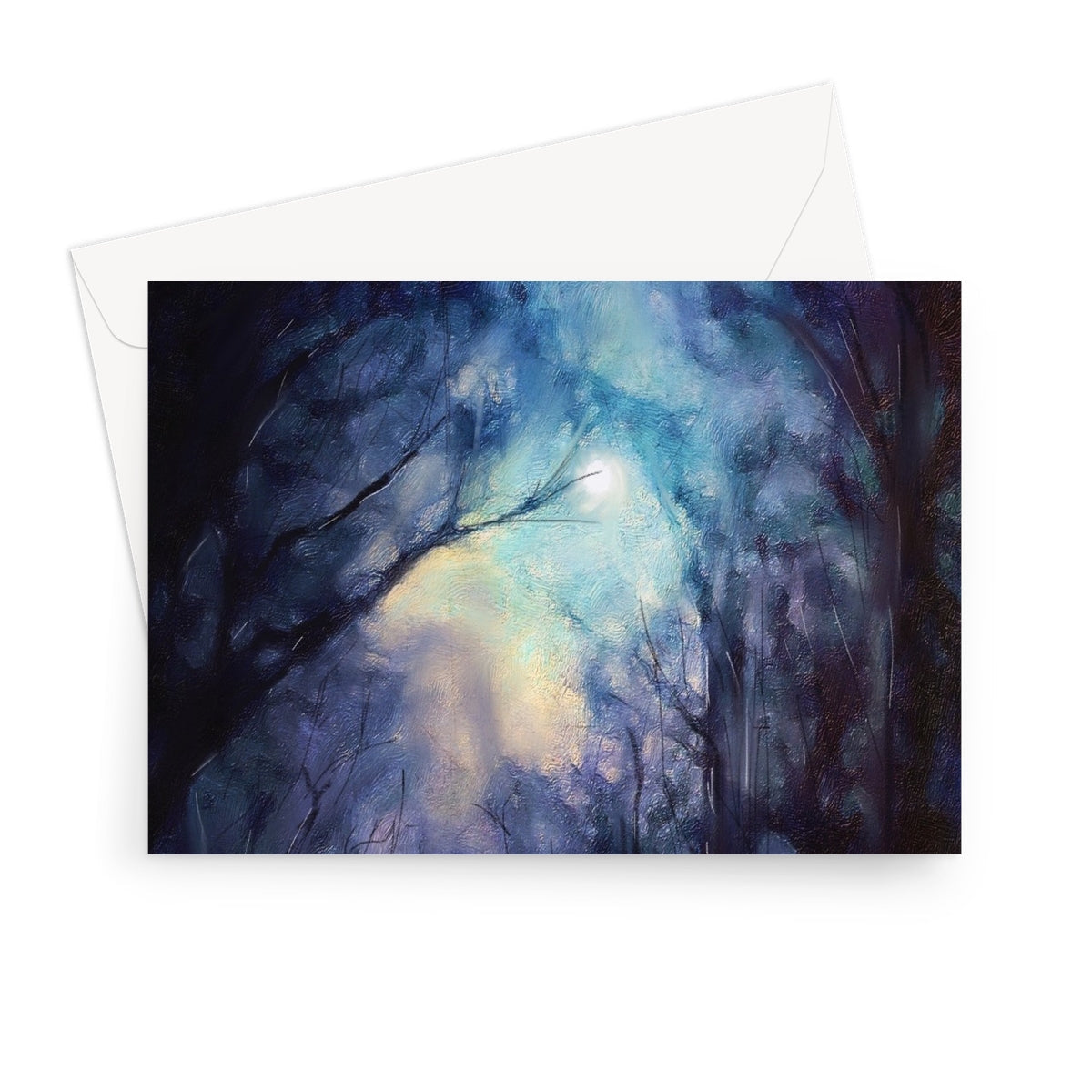 2019 Tesla Model 3 on moonlit highland wood greeting card