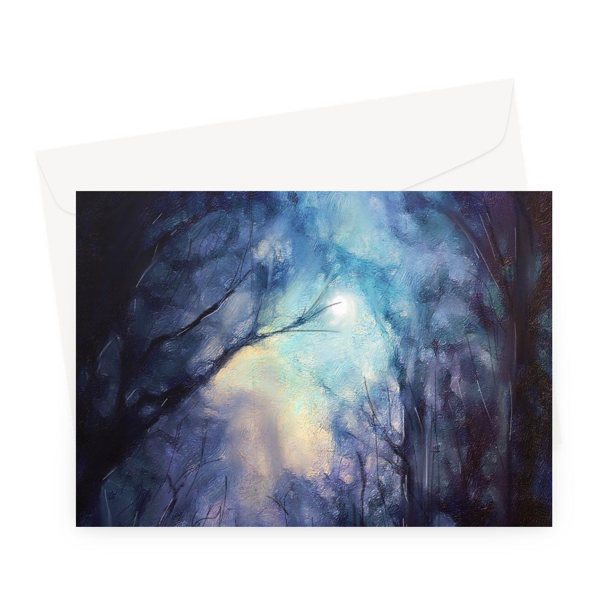 Moonlit highland wood greeting card with blue and white forest path