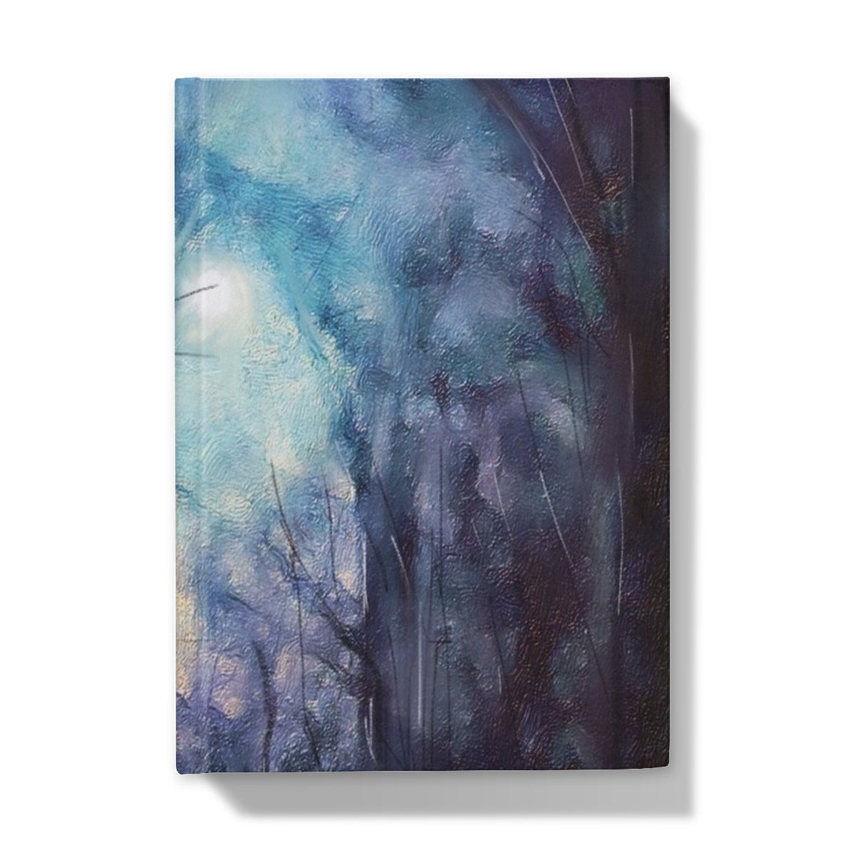 Blue and purple abstract tree on moonlit highland wood journal