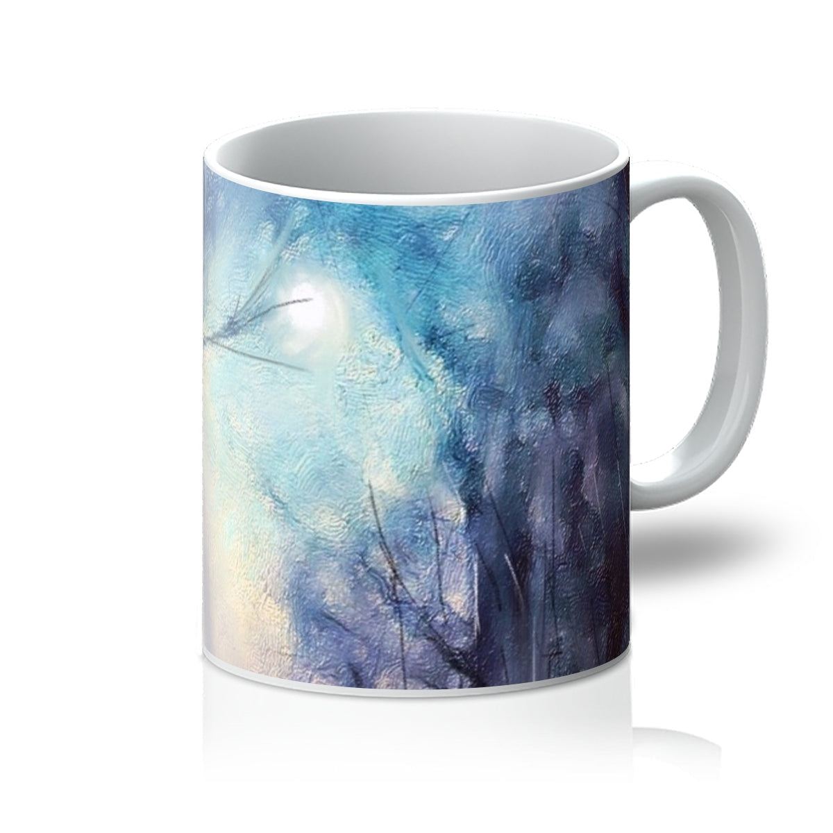 Moonlit Highland Wood ceramic mug with abstract blue and white design