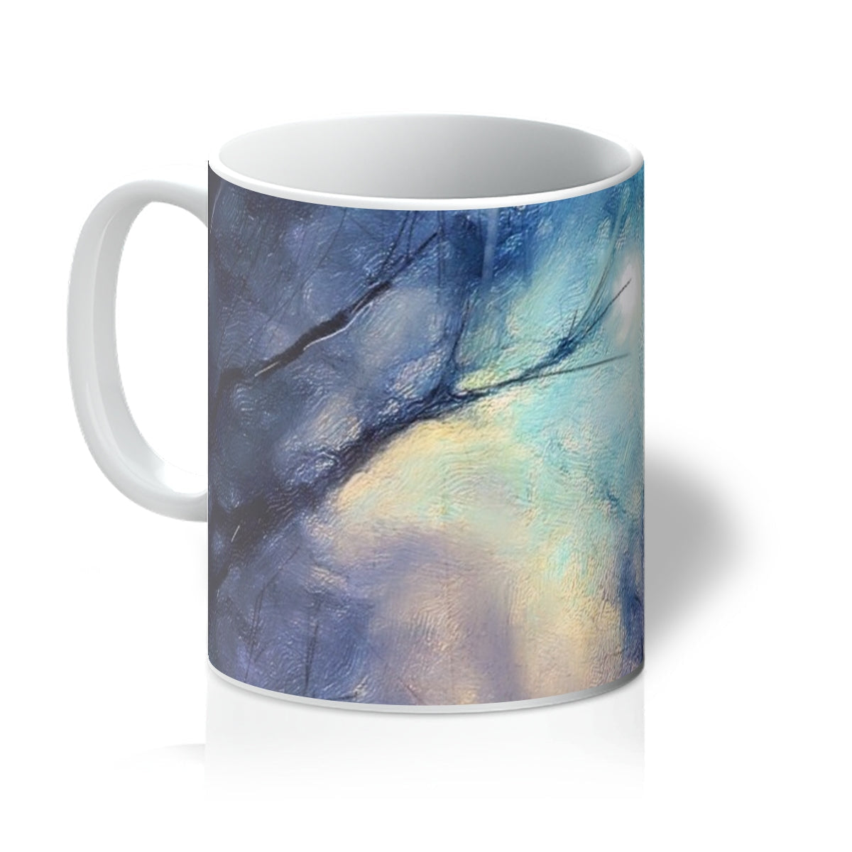 Moonlit Highland Wood mug with abstract blue yellow design