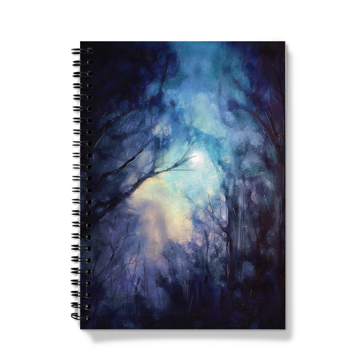 Spiral-bound A Moonlit Highland Wood Notebook with dark forest cover in blue and green hues