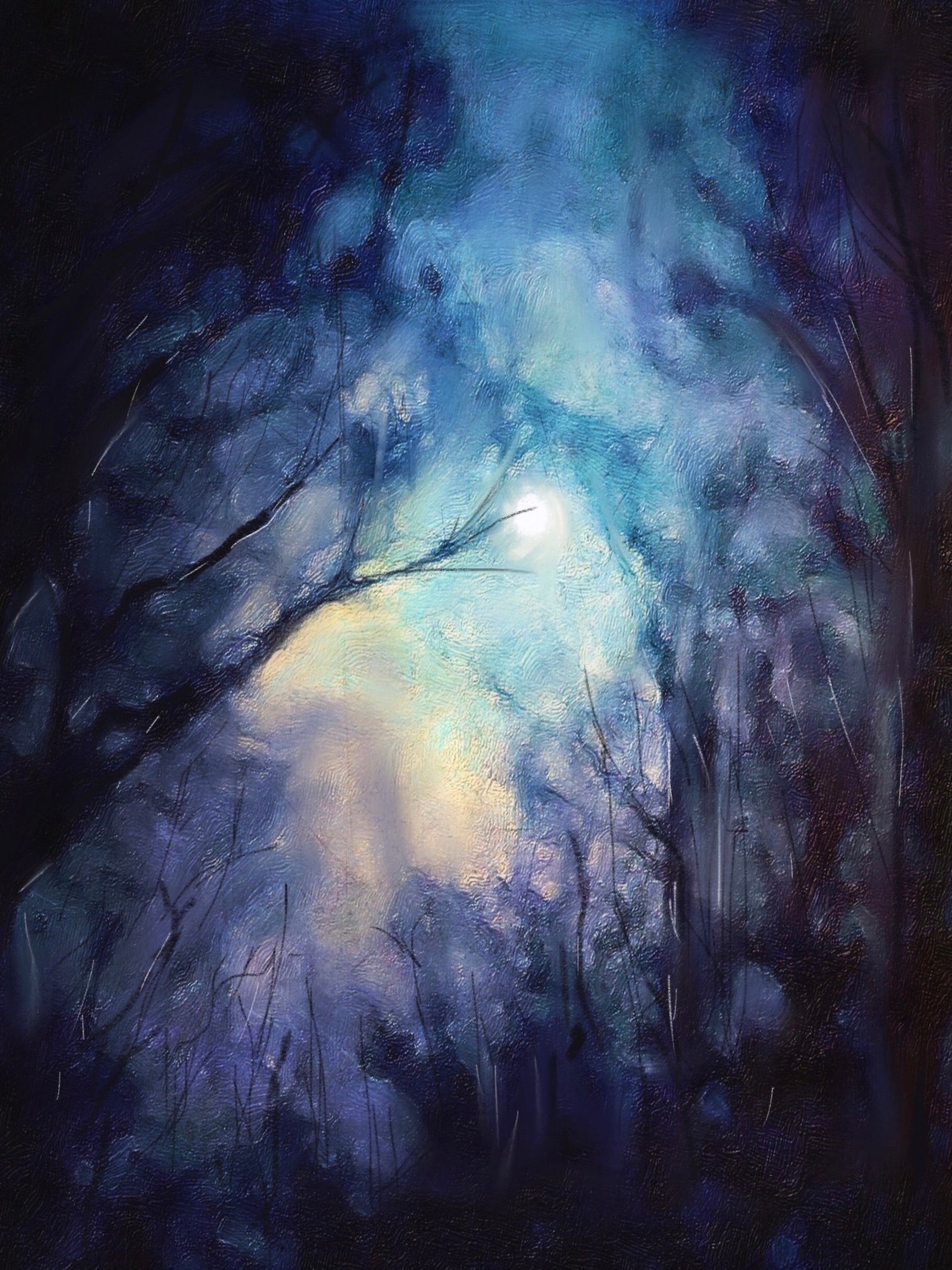 Impressionistic night forest scene painting titled A Moonlit Highland Wood Original Painting