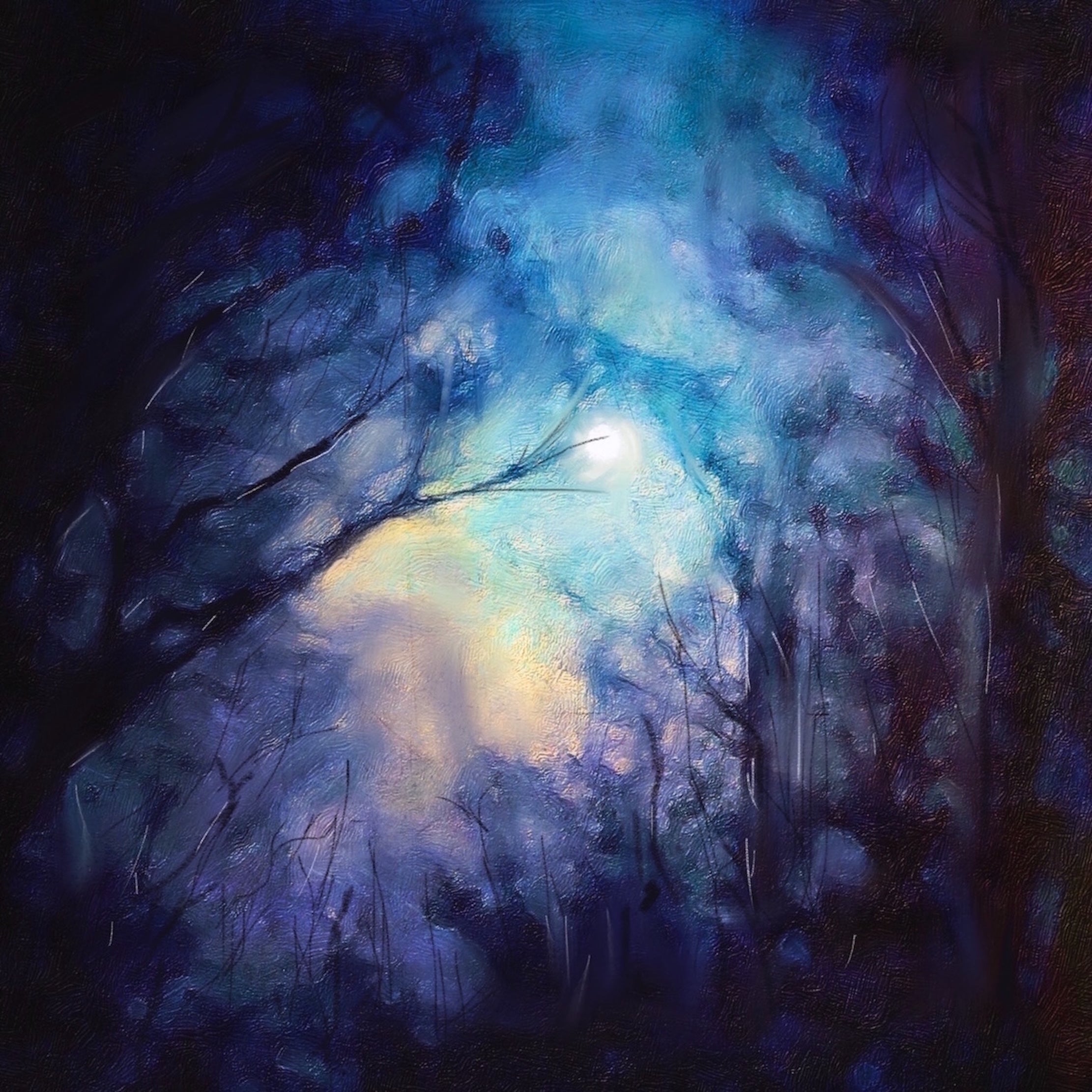 Vibrant abstract painting of a moonlit forest for A Moonlit Highland Wood Scotland In Your Pocket